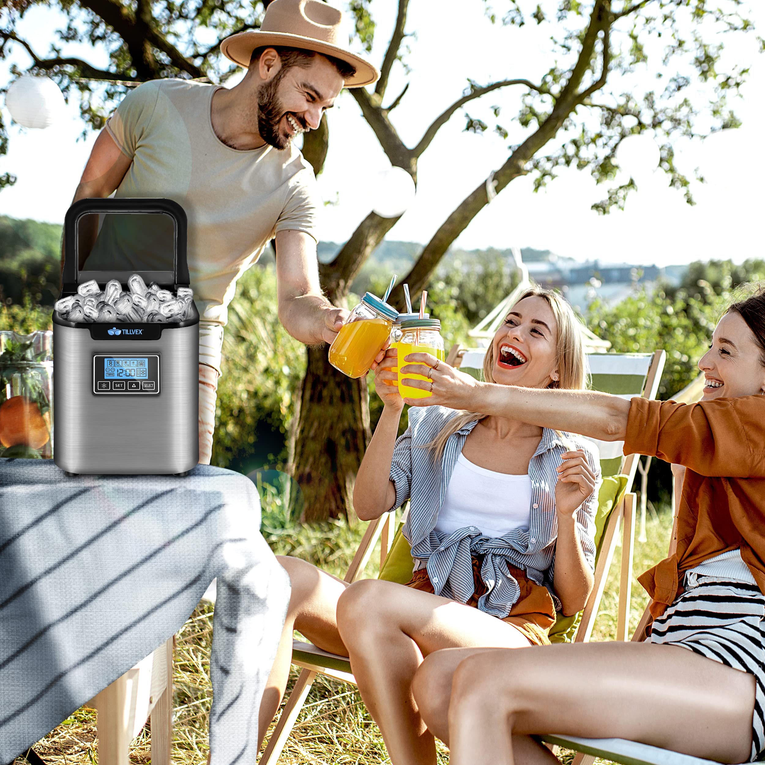 tillvex Machine à glaçons en inox 12 kg - 24 h | Préparation de glaçons avec minuterie et réservoir 2,2 litres | Ice Maker avec écran LED et nettoyage automatique | 3 tailles de glaçons (Argent)