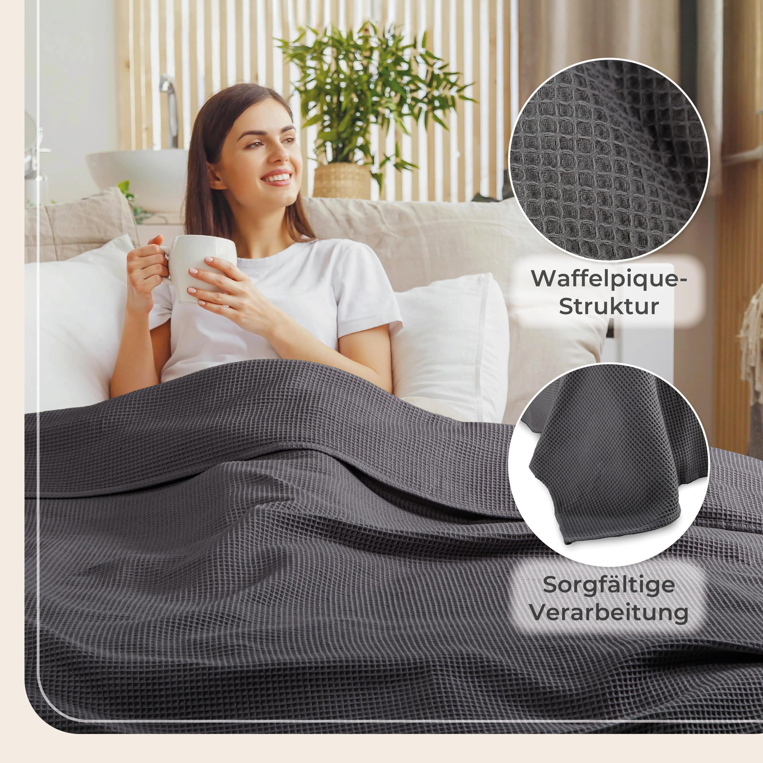 LAYNENBURG Premium Tagesdecke 150 x 200 cm - Waffelpique 100% Baumwolle - leichte Sommerdecke Waffeloptik - Baumwolldecke als Überwurf, Sofa, Couch-Decke (anthrazit)