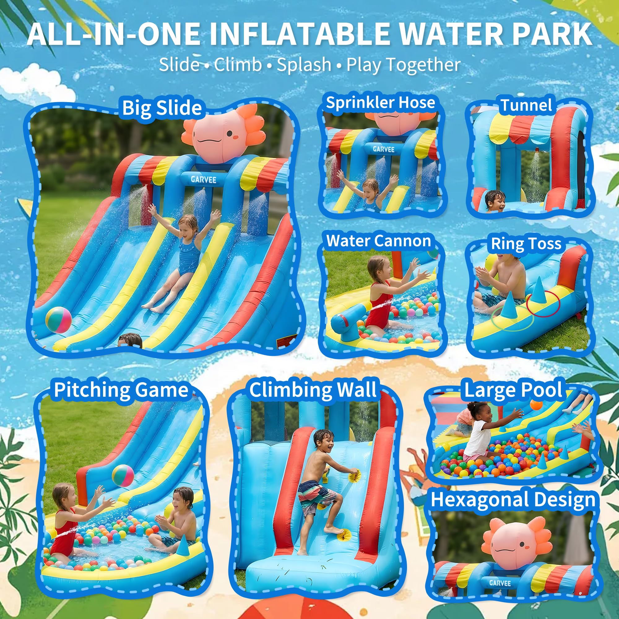 XXL Planschbecken Mit Rutsche, Wasserspielzeug Mit Gebläse, 4 Modi Indoor | Outdoor Wasserrutsche, Aufblasbar, Pool Mit Rutsche, Wasserbahn Kinder Draußen