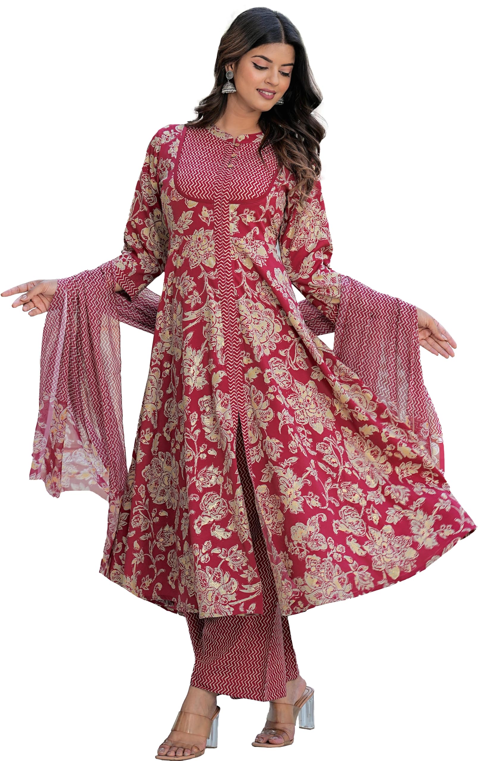 Yash Gallery Women's Polyester Calf Length Regular Fitted 3/4th Sleeve Floral Printed Anarkali Kurta with Zig-Zag Printed Pant & Dupatta
