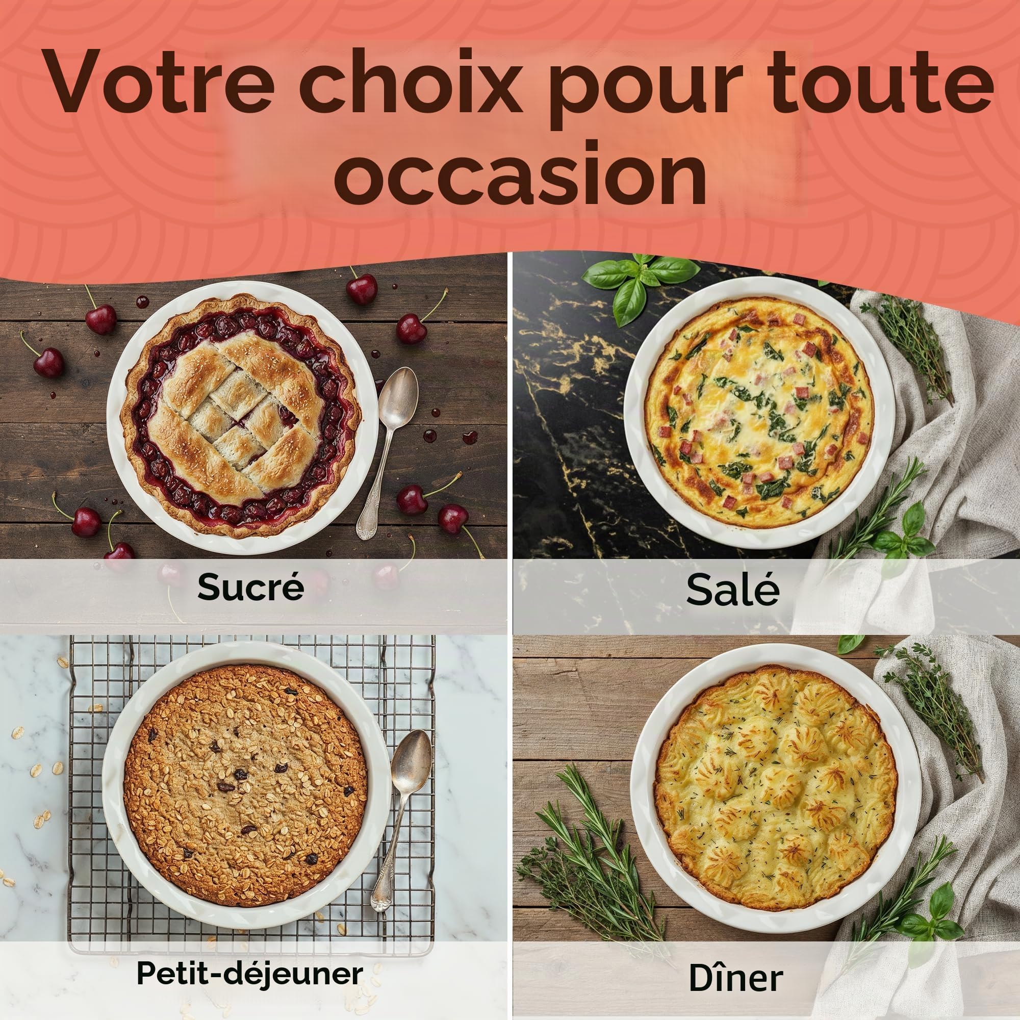 Muldale Plat à tarte de 9 pouces - Plats à tarte ronds en céramique de 23 cm pour le four - Plat à tarte individuel cannelé profond pour tarte aux pommes et à la citrouille - Moule à tarte au steak et