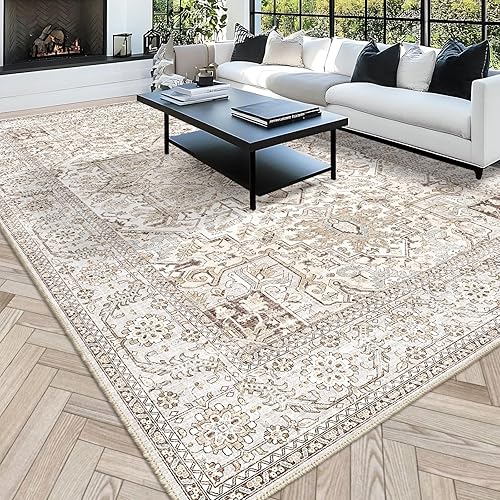 Miniatura 16 de Alfombras lavables de área 8x10, para sala de estar, alfombra antideslizante de pelo bajo para comedor dormitorio Crema claro,Beige,Beige