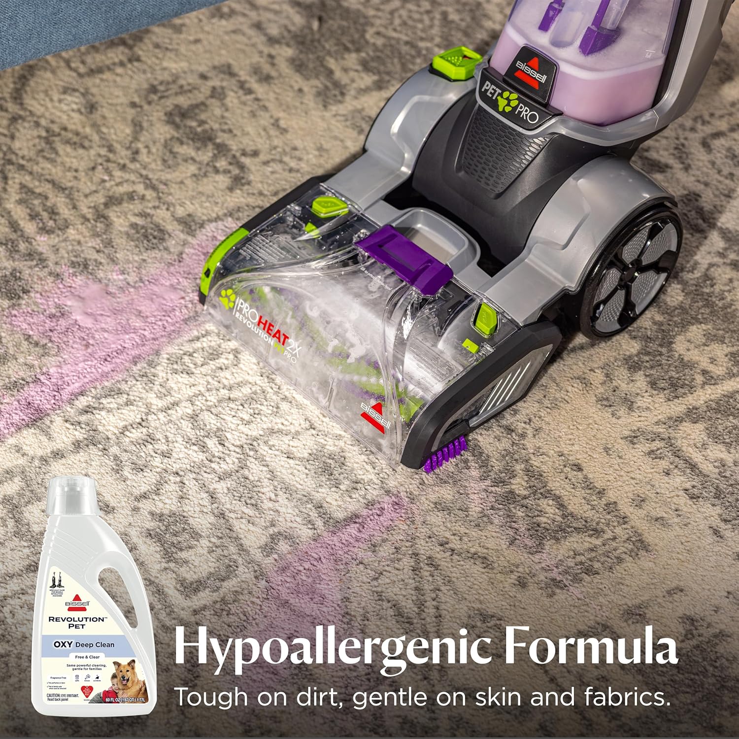 Bissell Free & Clear OXY Carpet Deep Clean Solution, for use in leading upright carpet cleaners, 60oz, Same powerful clean, gentle for families, Hypoallergenic formulation without dyes or fragrance