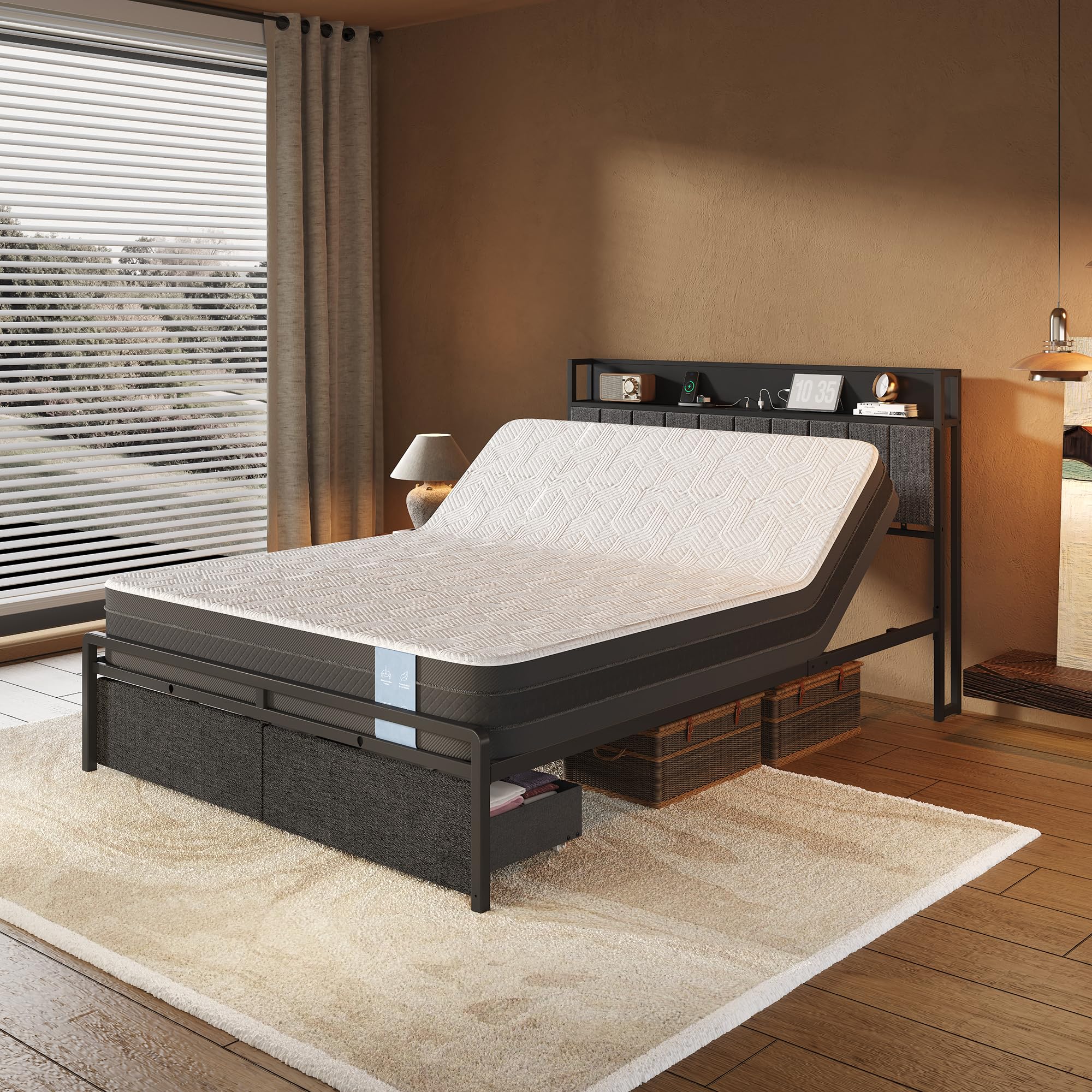 FLEXISPOT BF21Q Queen Size Adjustable Bed Frame with 12 Inch Gel Memory Foam Mattress, Viscose from Bamboo, Medium Firm, Easy Assemble, Certi-PUR &