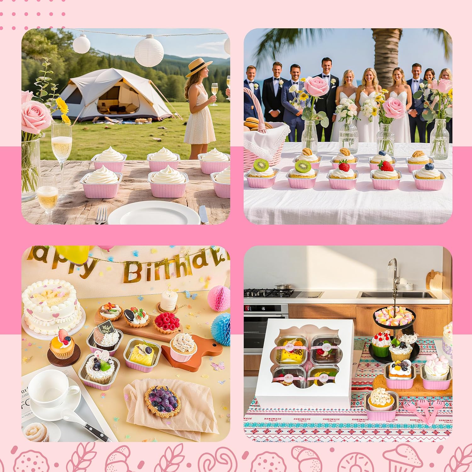 50 Pack Mini Cake Pans with Lids and Spoons Small Aluminum Foil Pans Square Baking Cups Disposable Ramekins Cupcake Liners for Brownie Pie (Pink, 5 oz) - Image 5