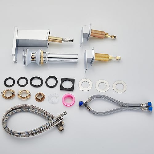 Miniatura 6 de Skybathjoy Grifo de lavabo de baño de luz LED, 3 agujeros, boquilla de cascada, 3 colores cambiantes, con montaje de drenaje y mangueras, grifos de