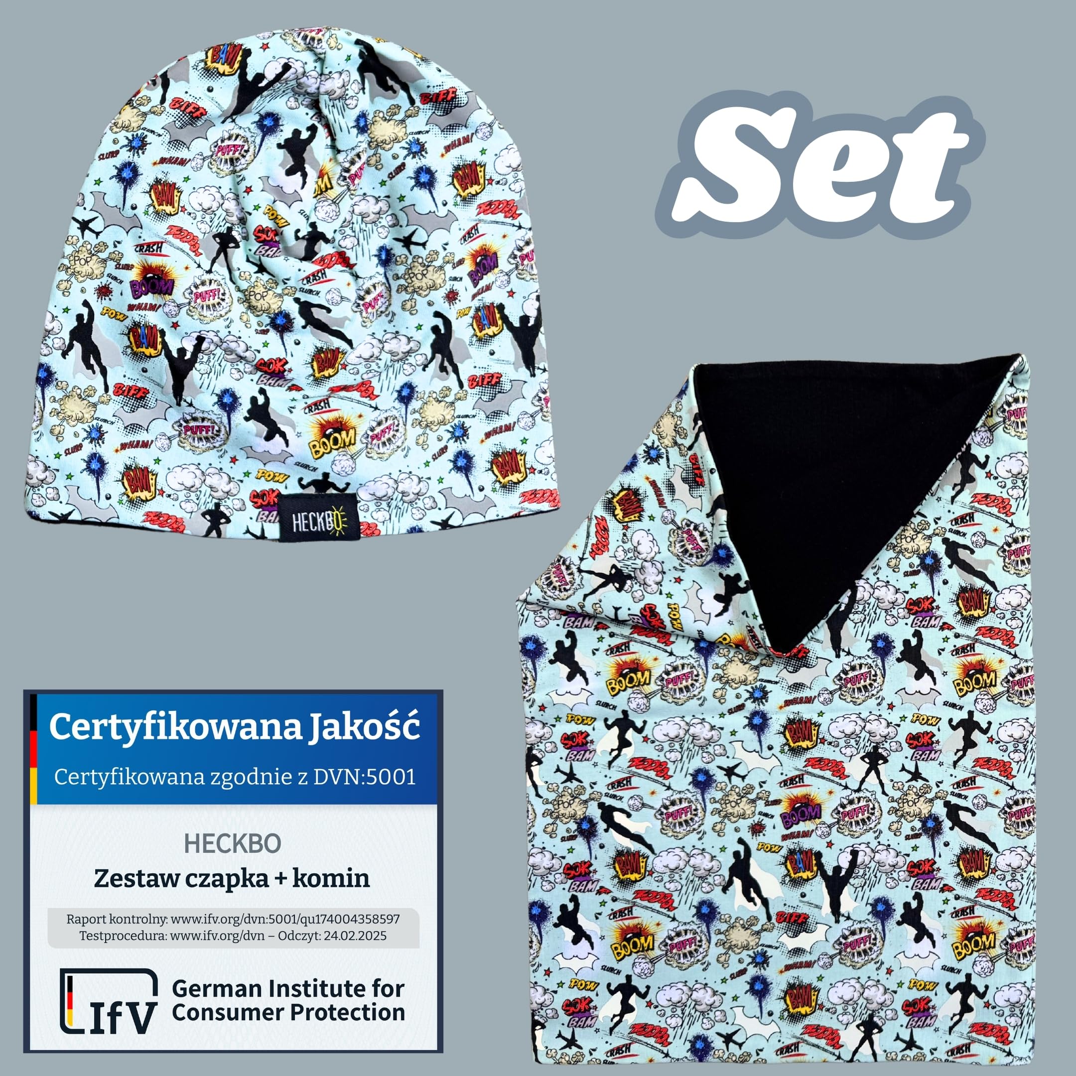 HECKBO 360° odblaskowa czapka dziecięca i komin 95% bawełna miękki stretch beanie na wiosnę jesień i zimę 48–54 cm