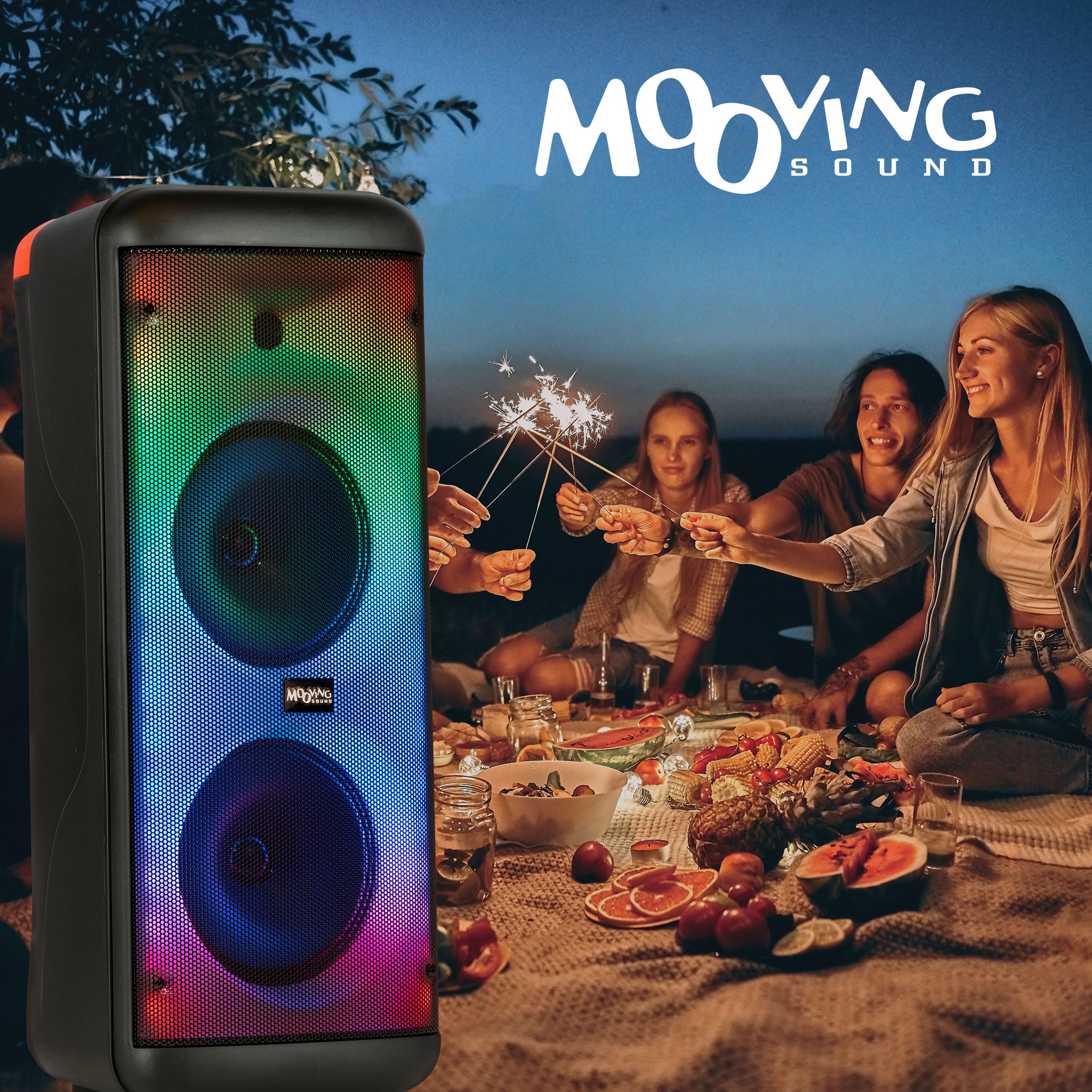 Mooving - MS-ELECTRO-SOUND600 - Altoparlante a batteria da 8"/600W con effetto luce sul pannello frontale, 1 microfono cablato e 1 wireless - Bluetooth/USB/AUX/MicroSD - Nero