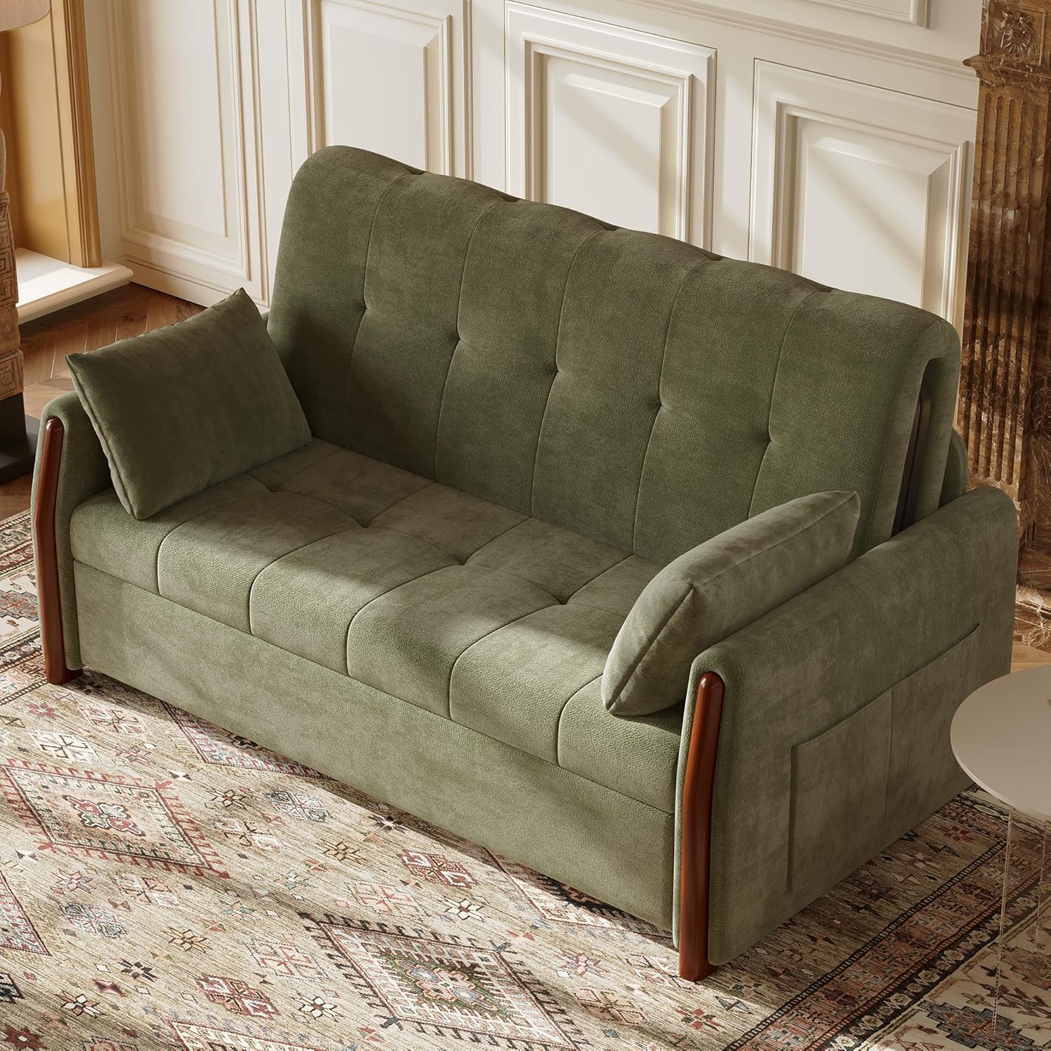 63" Convertible Sofa Bed, 3-in-1 Pull-Out Sleeper Sofa with Hidden Storage, Upholstered Modern Loveseat Couch with Pillows, Space-Saving Sofa for Living Room/Apartment, Olive Green