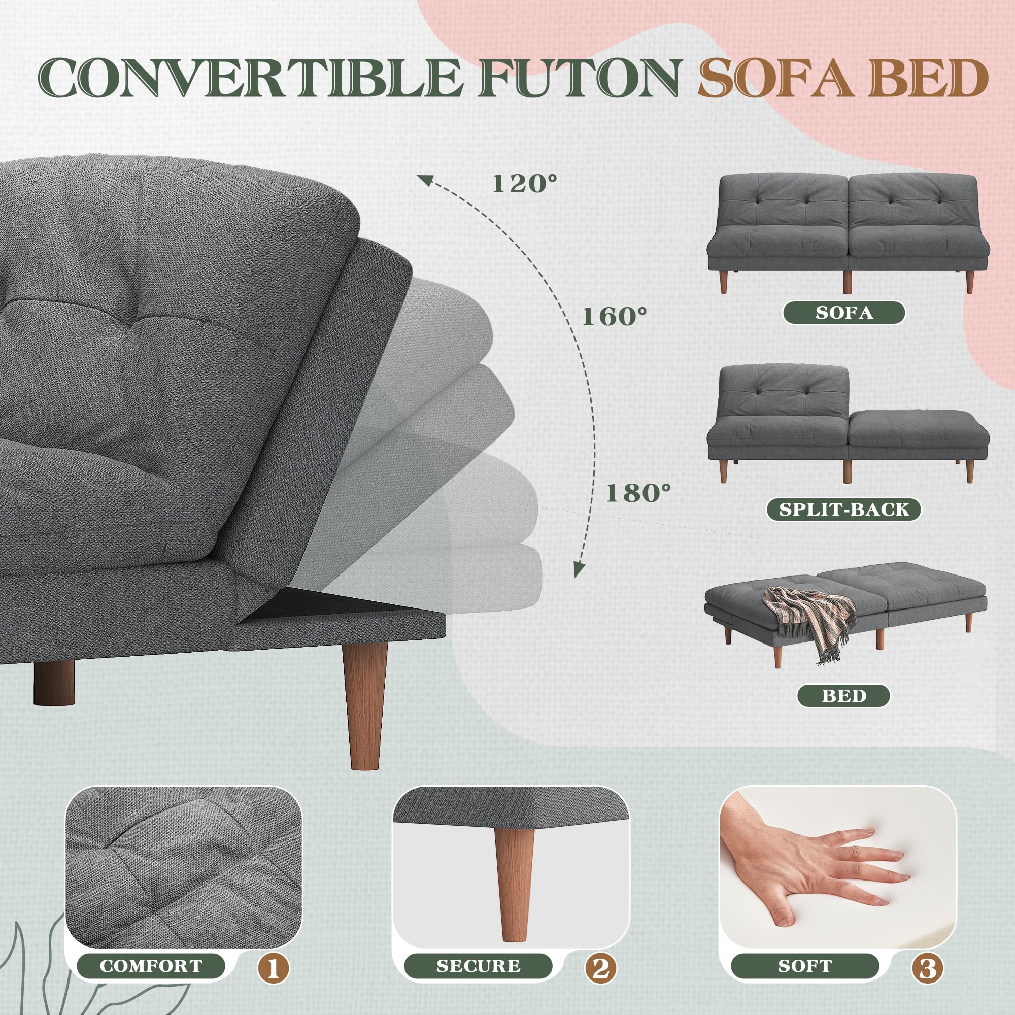 Furmax 67'' Futon Sofa Bed, Modern Linen Couch with Adjustable Backrest | Upholstered Convertible Folding Futon, Reclining Sleeper Sofa Couch for Small Spaces, Apartment & Office | Grey