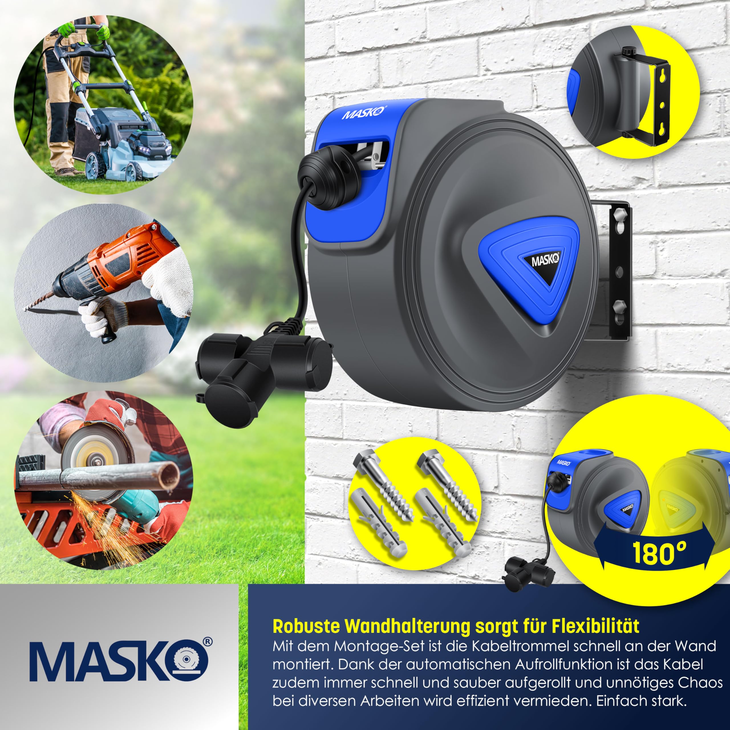 MASKO® Automatik Kabeltrommel Verlängerungskabel 20m mit 3-Fach Anschluss 180° drehbar 1,5m Zuleitung Wandhalterung Werkstatt Kabelaufroller Automatisch Stromtrommel Schlauchaufroller