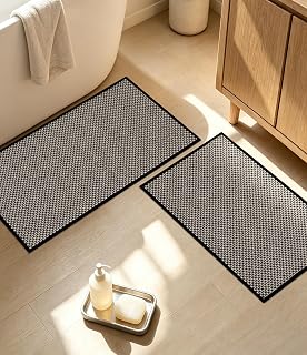 YIHOUSE Black Bathroom Rugs Sets 2 Pieces,Thin Bath Mat Quick Dry | Braided Checkered Bathroom Mats Sets Washable, Absorbent Bath Rug Non Slip for Toliet,Bathtub(17"x24"+17"x32")