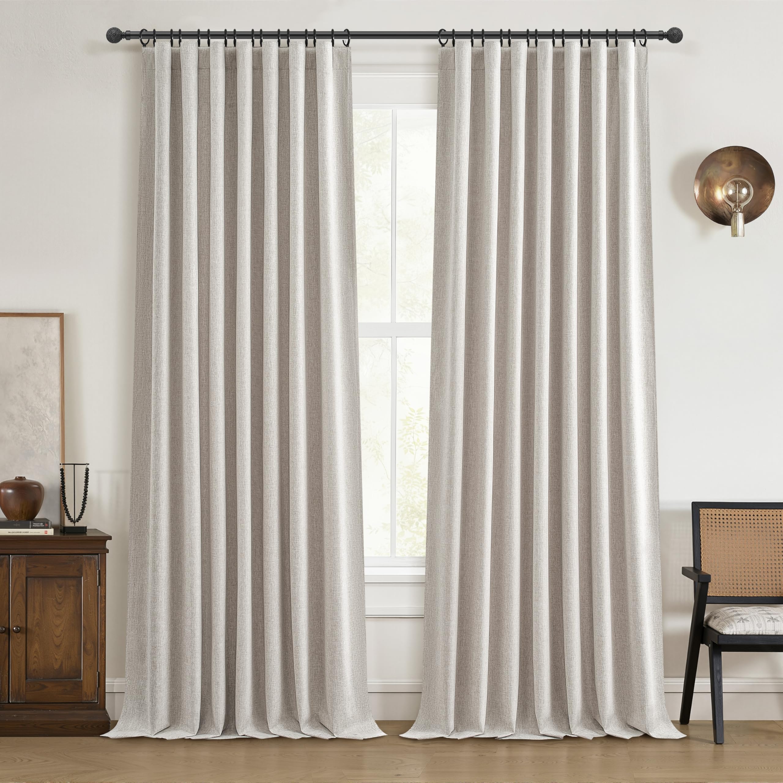 QJmydeco Black Out 96 Inch Long Boho Curtains 2 Panel Set, Farmhouse Curtains for Living Room Darkening/Thermal/Noise Reduction Textured Flax Linen Drape 8ft Hook&Ring Included Birch Off White 50"x96"