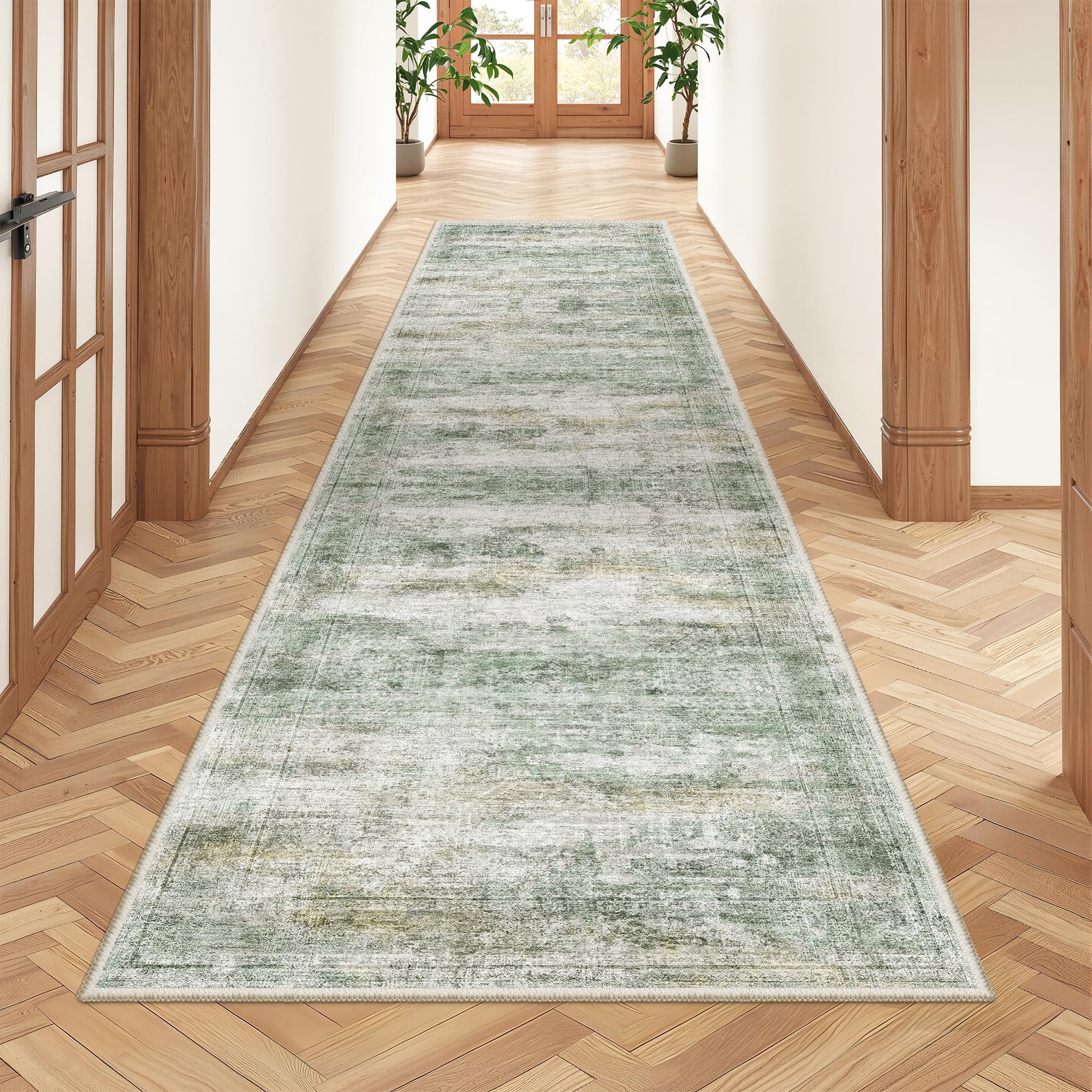 Restydon Rug Runners for Hallways Non Slip - 2x8 Runner Rug for Bedroom, Washable Runner with Rubber Backing, Soft Low-Pile Carpet for Kitchen, Laundry, Bathroom (2'x8', Green/Yellow/Ivory)