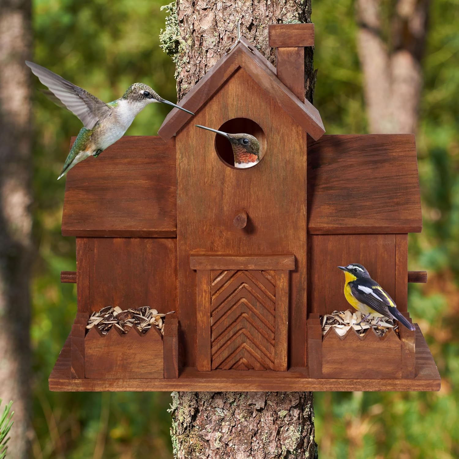 MIXUMON Bird Houses for Outside with Bird Feeder, Outdoor 3 Hole Bird House Room for 3 Bird Families Bluebird Finch Cardinals Hanging Birdhouse for Garden (Style 12)