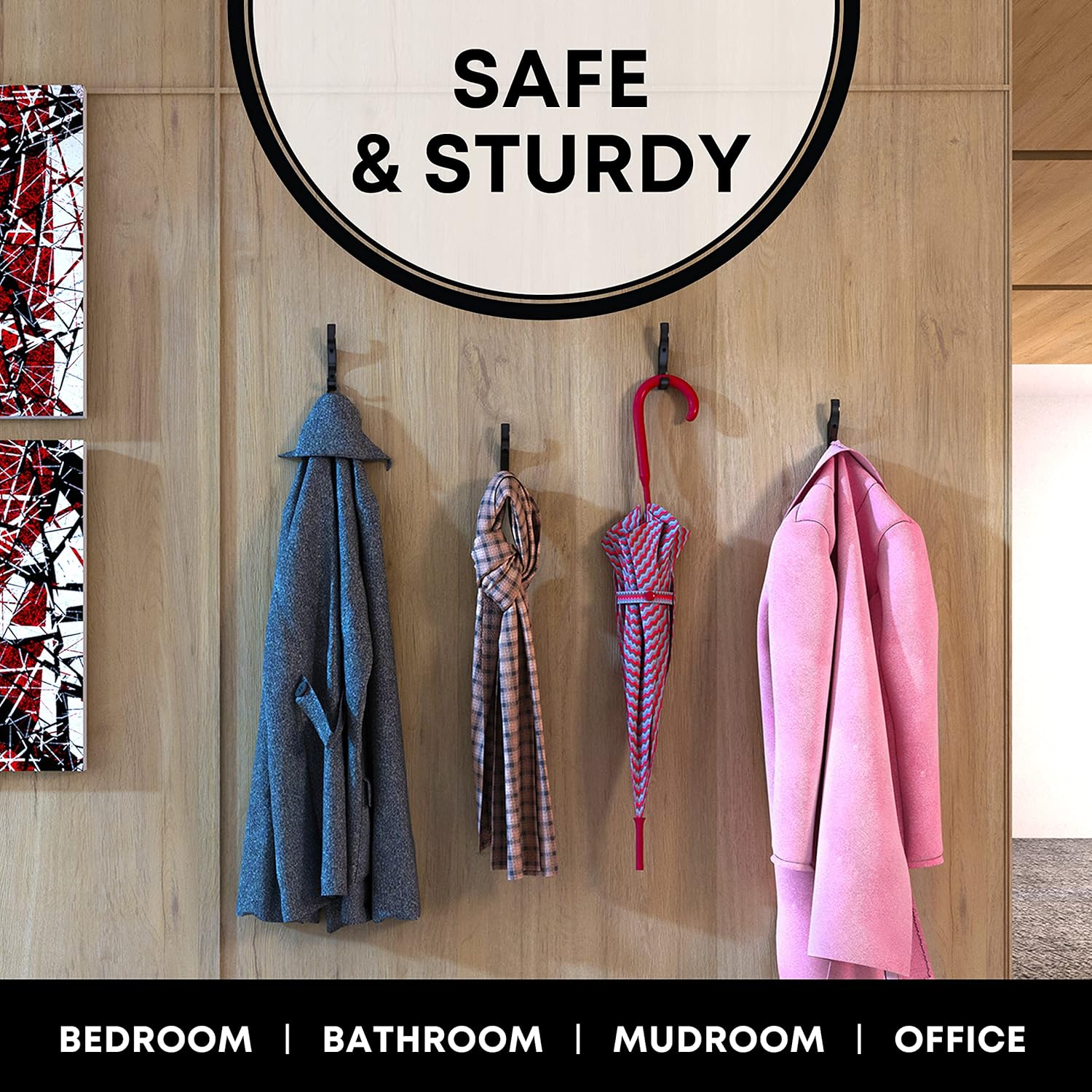 Heavy Duty Hooks for Hanging Coats, Jackets, Briefcases, Keys, Purse, Robe - Unbreakable Wall Mounted Coat Hook Holds Up to 88 Pounds - Perfect for Home, Office, Bathroom | Black, 7 - Pack - Image 2