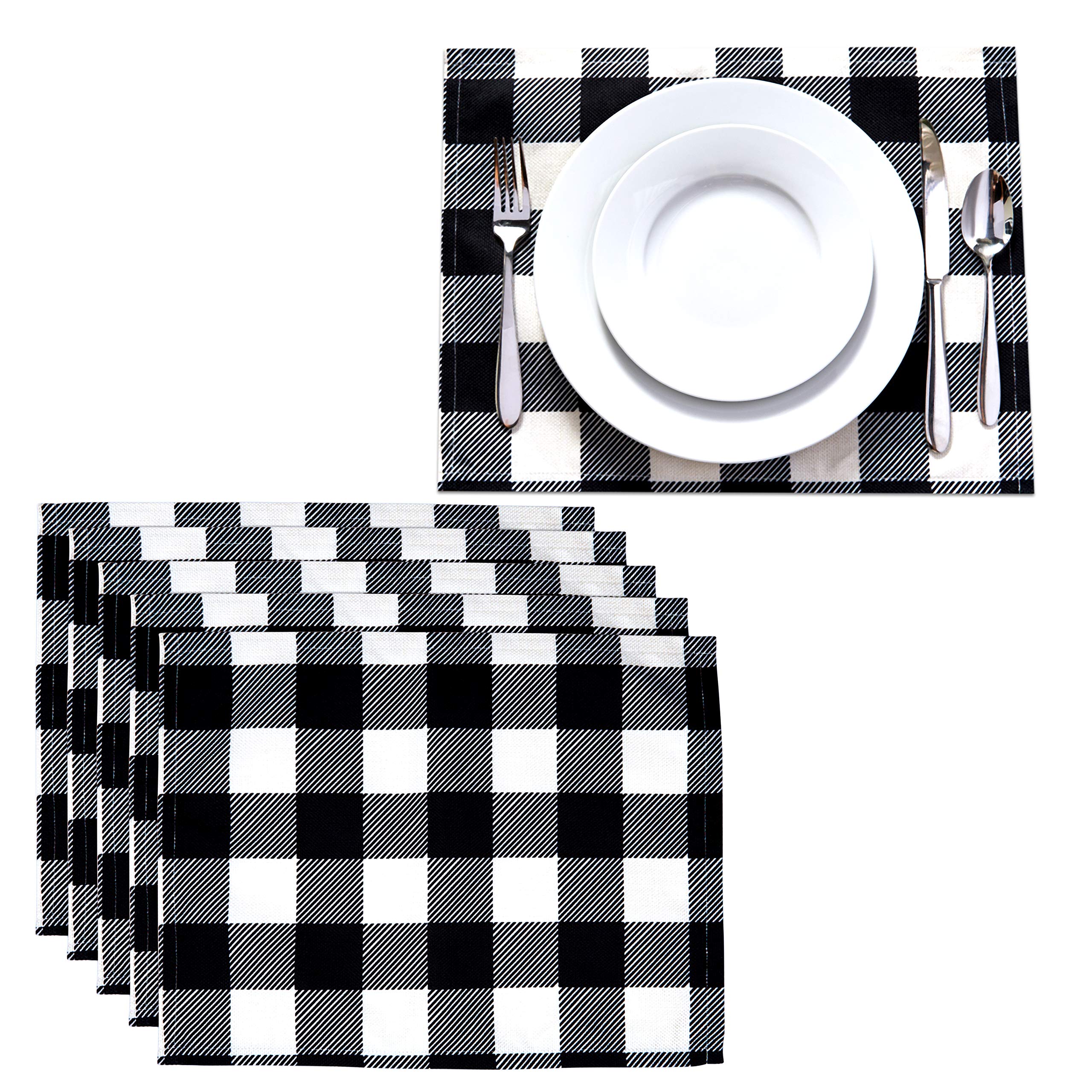 Buffalo Plaid Placemats Set of 6, Farmhouse Décor (Black and Cream)