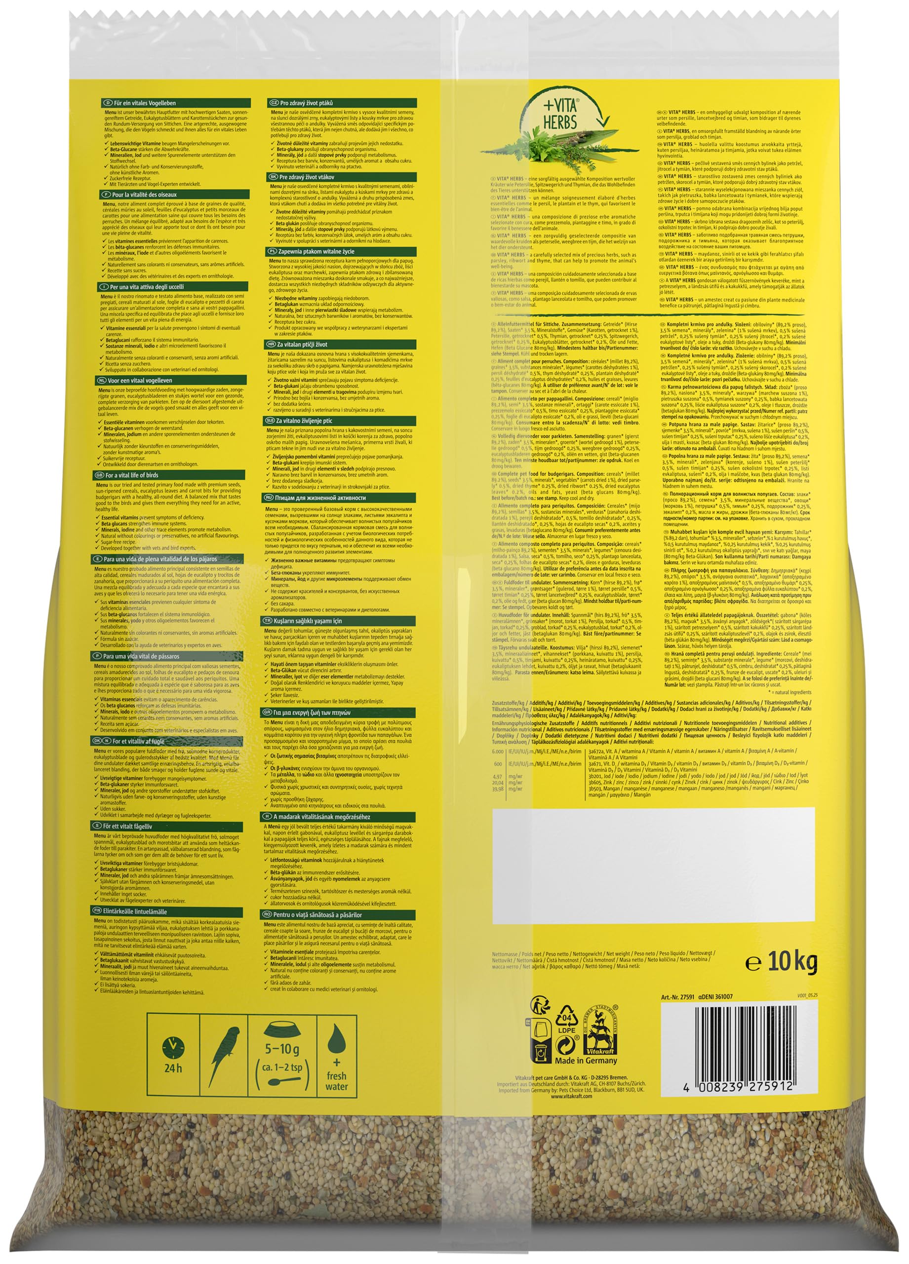 Vitakraft Menü 10kg, Hauptfutter für Sittiche, mit Vitaminen, mit Immun Aktiv Komplex und Kräutern (1x 10kg)