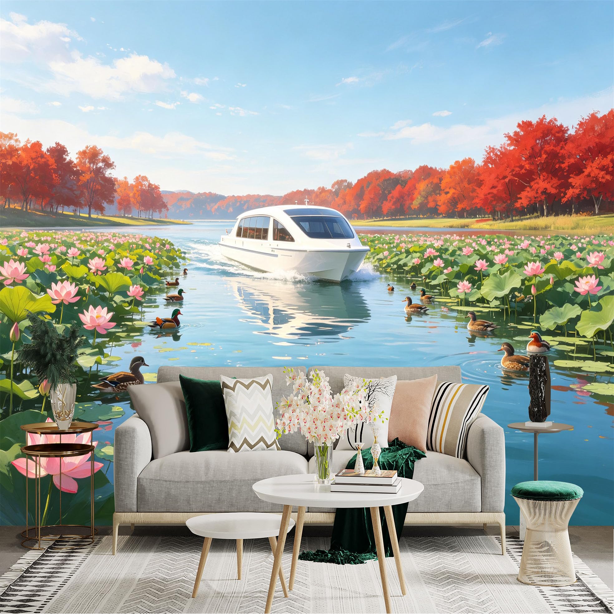 Custom Size Wall Sticker Mural， Modern Cruise Boat in Lotus Pond， Vibrant Autumn Foliage， Swimming Mandarin Ducks， for wall Decoration， peelandstick wall Decals.