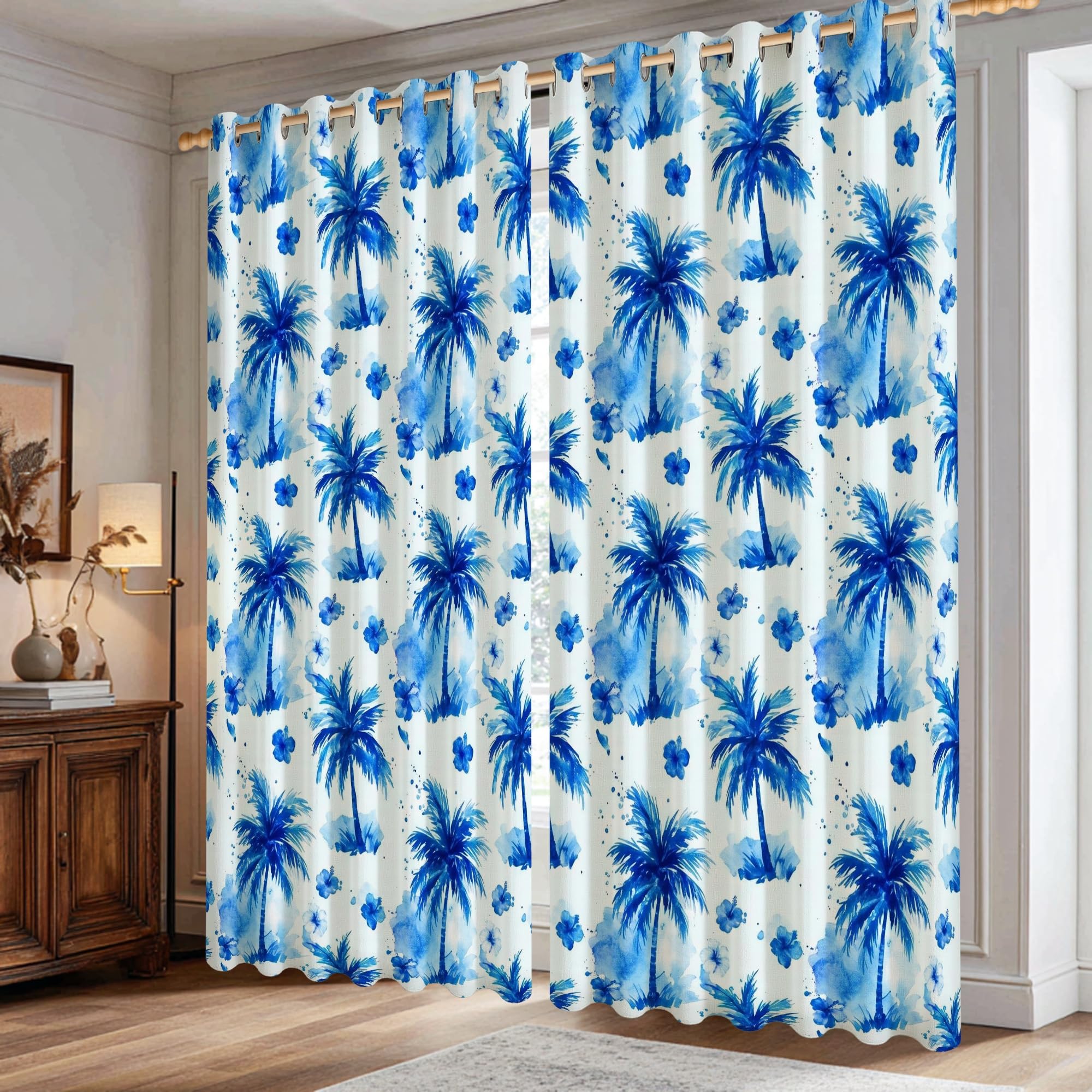 Rideaux occultants pour chambre à coucher au motif fleurs tropicales bleues