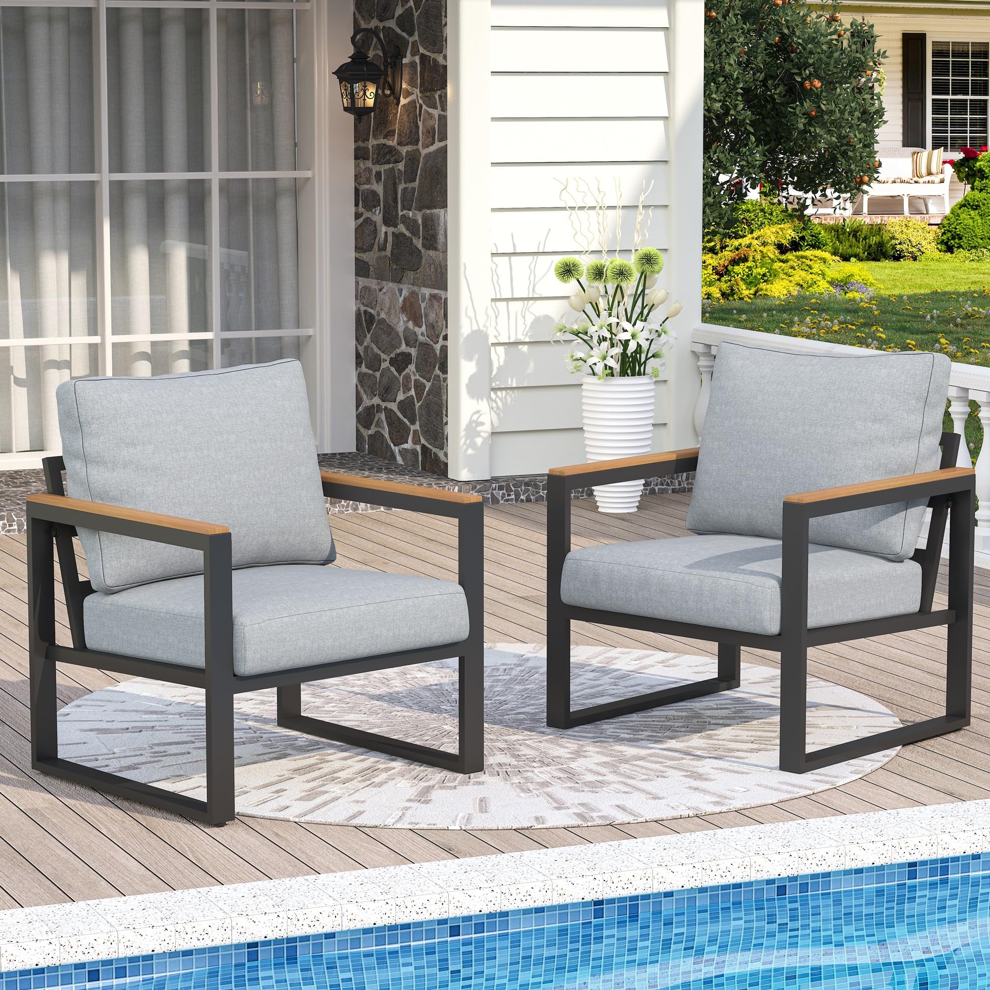 Outdoor Chairs Set of 2, Outdoor Furniture Set, Outdoor Conversation Chair Sets for Balcony Backyard Park Garden, Light Grey