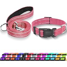 Reflective Dog Collar with Locking Buckle, Adjustable Soft Breathable Nylon Collars for Small, Medium and Large DogsCollar+Leash XS Width 5/8" Pink