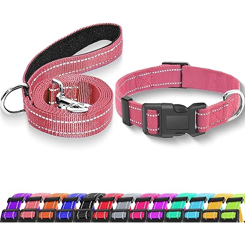 Reflective Dog Collar with Safety Locking Buckle, Adjustable Soft Breathable Nylon Collars for Small, Medium and Large Dogs(Collar+Leash S Width 3/4" Pink)