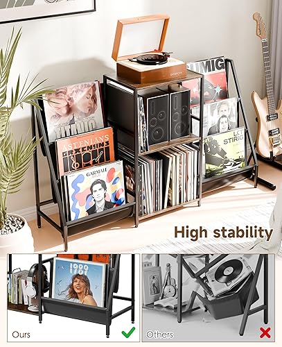 Miniatura 7 de ZIFTY Soporte para tocadiscos de vinilo con soporte de pantalla de 6 niveles, soporte para tocadiscos de luz LED para 300 álbumes, estante