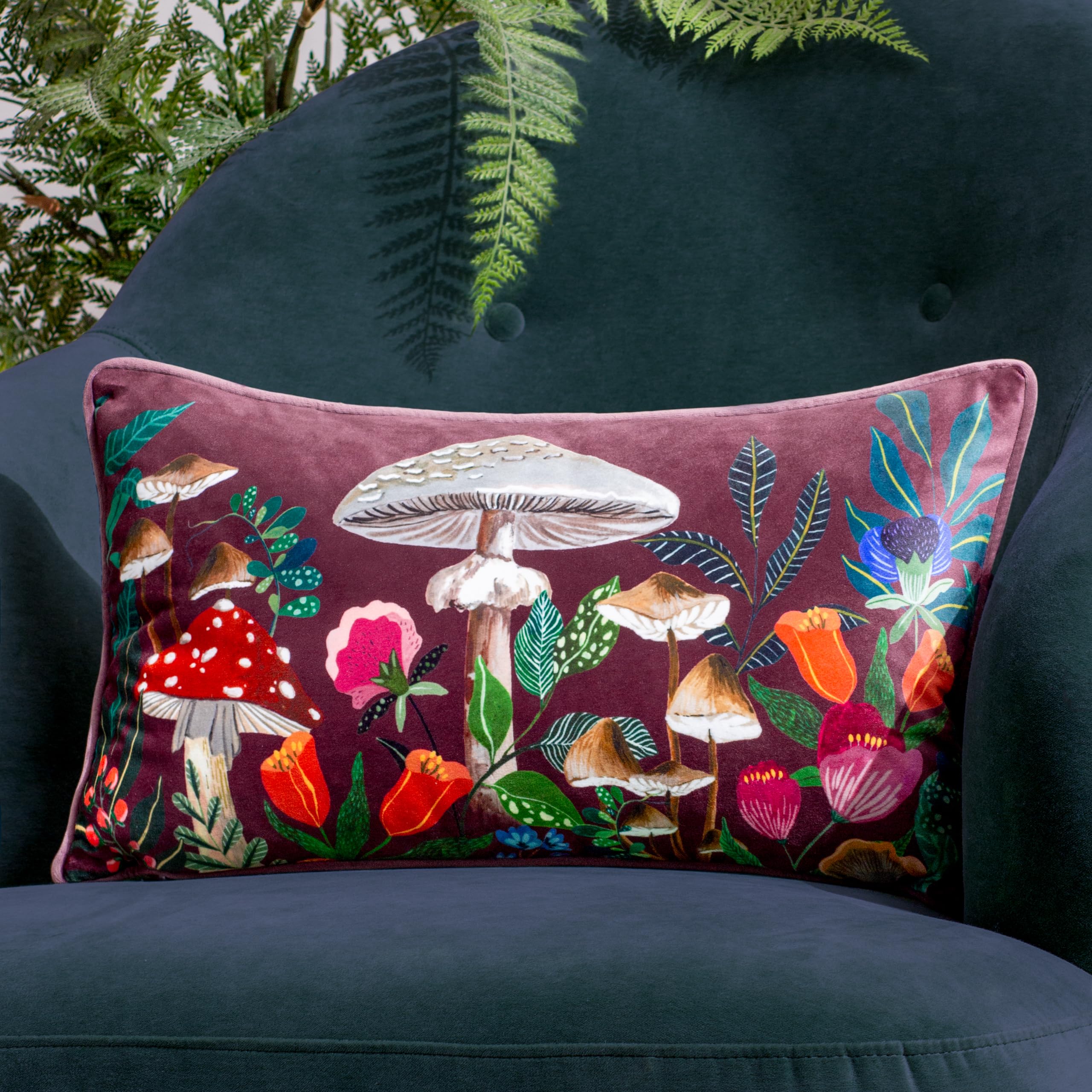 furn. Wylder Wild Garden Mushroom Velvet Piped Feather Rich Filled Cushion
