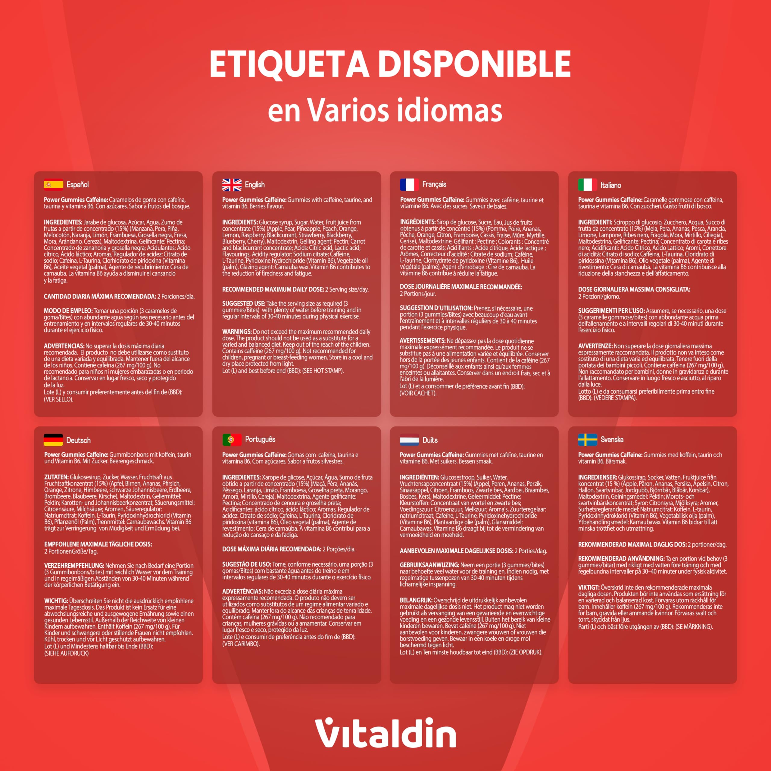 VITALDIN SPORT Power Gummies Caffeine & Taurine – 80 mg Cafeína, 40 mg Taurina por serving + Vitamina B6 – Doypack de 30 Bites de gominola – Sabor frutos rojos – Vegano