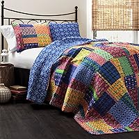 Lush Decor Misha Reversible Cotton Quilt Queen 3-Piece Set - Boho Patchwork Bedding in Fuchsia Navy, 100% Cotton All-Season Comfort