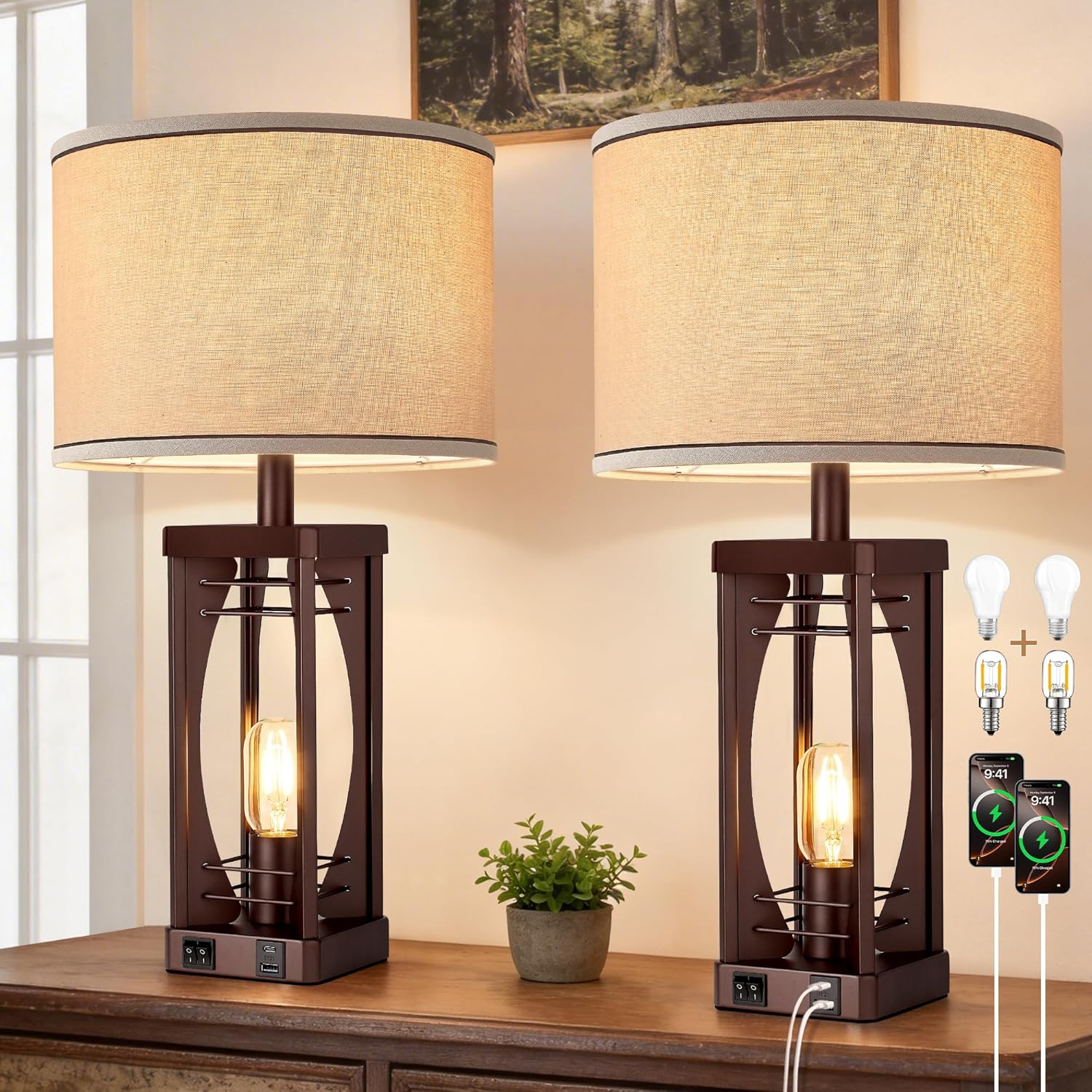 Farmhouse Table Lamps Set of 2 for Living Room, Rustic Bedside Nightstand Lamps with USB A+C Charging Ports, 22.5" Dual Light Industrial Table Lamp with Linen Shade for Bedroom End Tables
