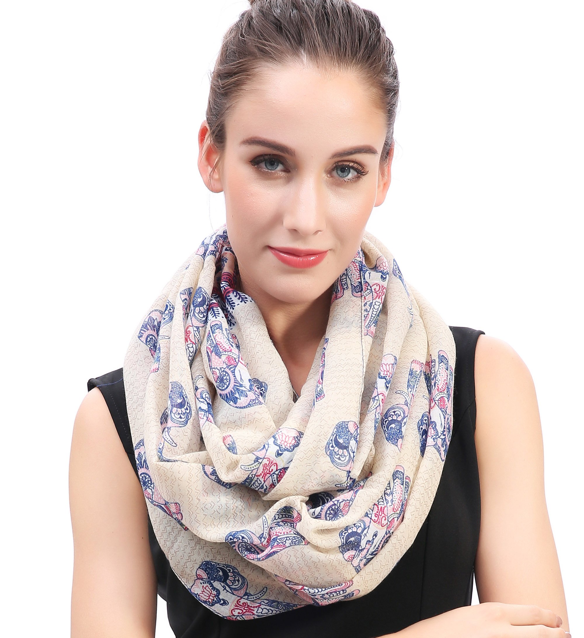 Lina & Lily Women's Beige Elephants Print Lightweight Snood Scarf (Beige)