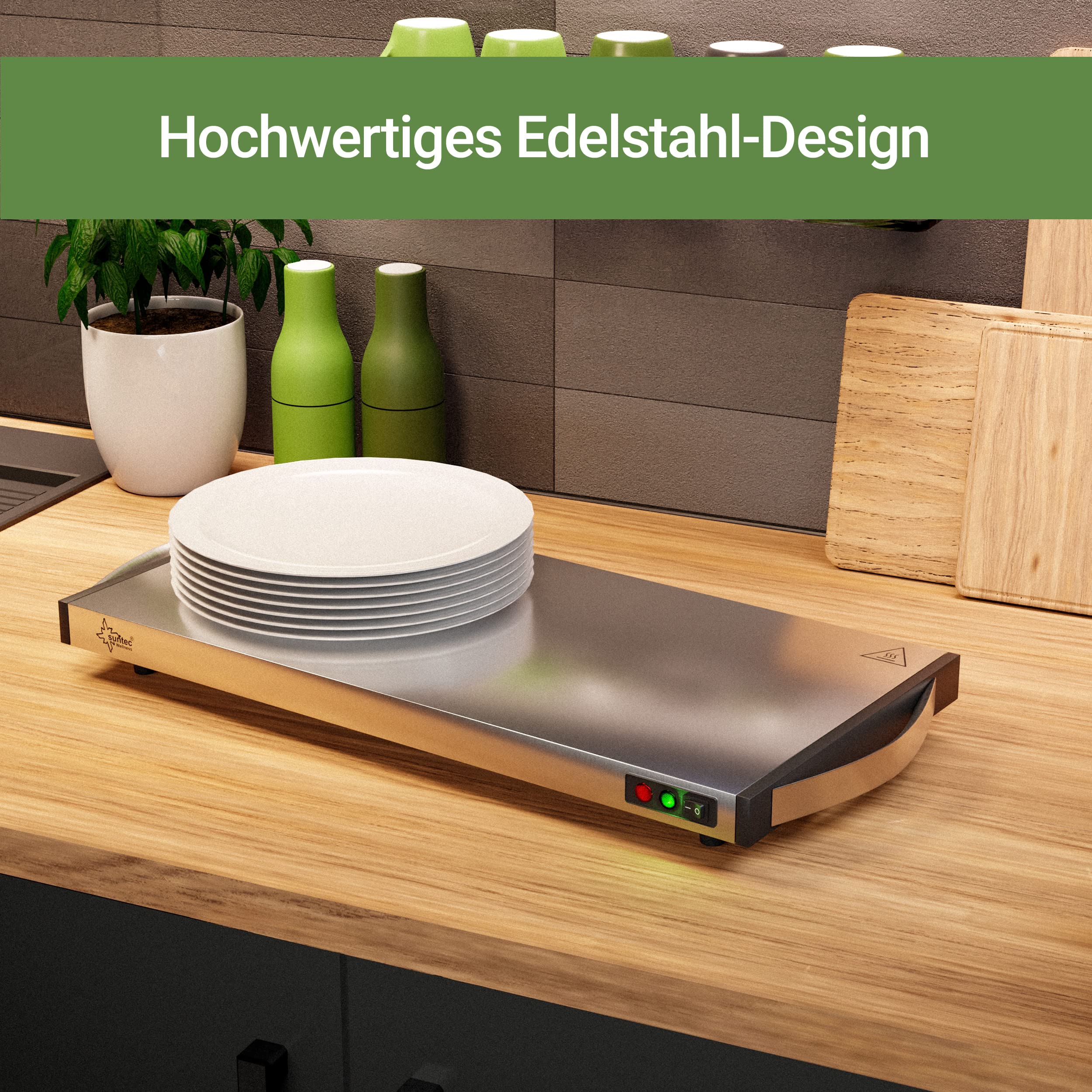 SUNTEC Warmhalteplatte aus Edelstahl – Elektrisch und kabellos – Essen warm auf dem Teller servieren – Zum Warmhalten von Speisen wie z.B. Suppe – Gastro Buffet Speisenwärmer – WHP-7086 cordless prime