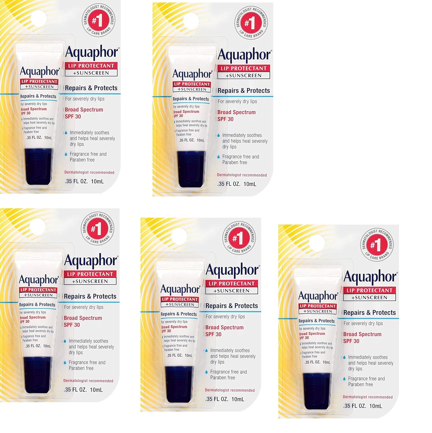 Aquaphor Lip Repair + Protect, Broad Spectrum SPF 30 0.35 oz (Pack of 5)