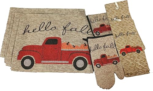 Juego de 8 piezas de decoración de cocina vintage de otoño para camión, Hello Fall, manteles individuales de otoño a juego, toallas de cocina,