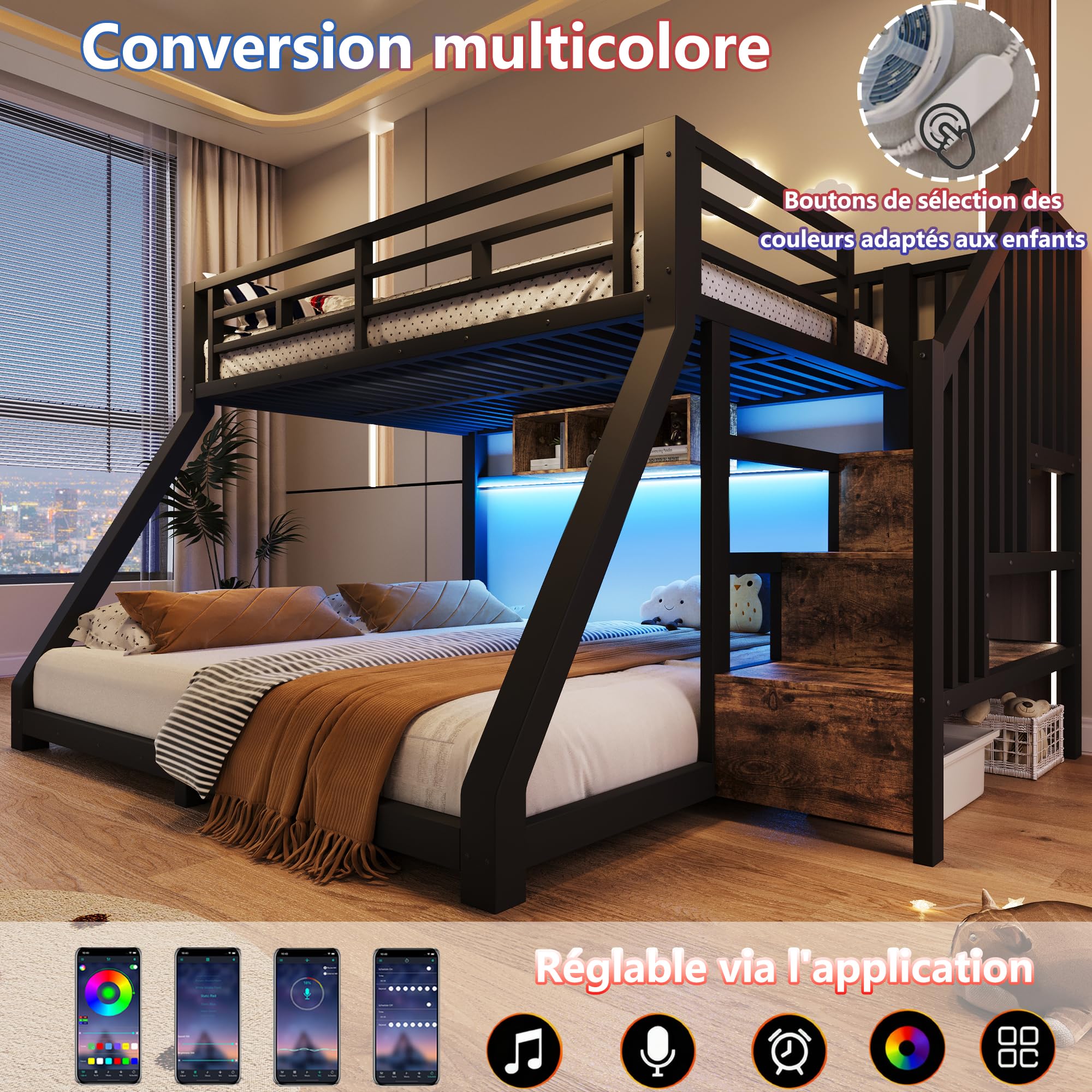 Letto a castello con luci a LED,Letto superiore 90×200 cm,Letto inferiore 140×200 cm,con 3 vani contenitore,Materiale metallico con scaletta contenitore,guardrail e pediera,Nero (Senza materasso)