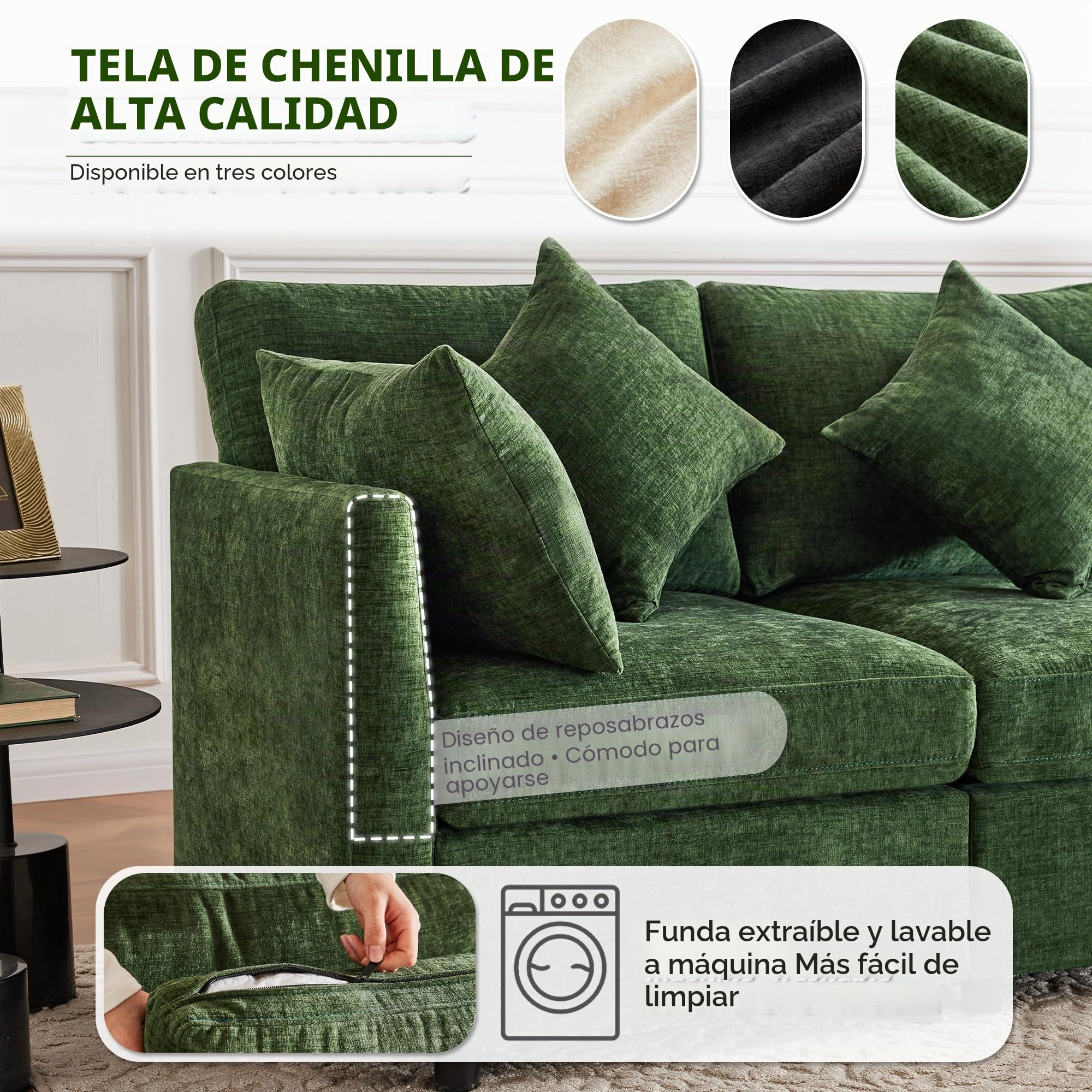 Sofá esquinero Convertible 278cm Sofá Modular 4 Plazas con Puf y Cojines Desmontables Gran Sofá en Forma de U, Revestimiento de Tela Chenille, Ideal para Salón y Apartamento, Verde
