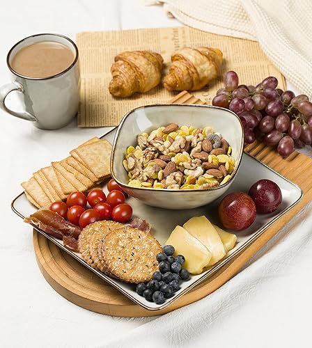 Miniatura 7 de Famiware Juego de platos y cuencos cuadrados oceánicos, juegos de vajilla de 15 piezas para 4, 3 platos rectangulares para servir, color gris