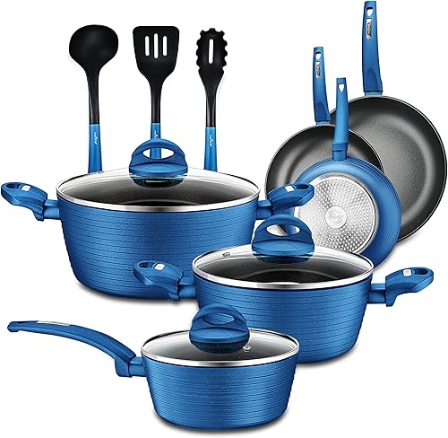 Juego de utensilios de cocina antiadherentes de 12 piezas, sin PTFEPFOAPFOS, resistente al calor, ollas de cocina, juego de ollas de cocina gris