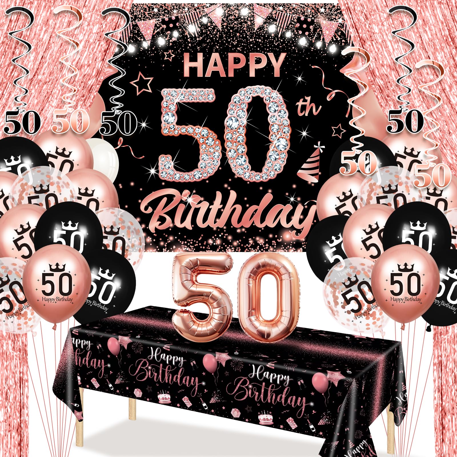50th Birthday Decorations for Women Men Rose Gold 50th Birthday Party Supplies Includes Rose Happy 50th Birthday Banner Balloons Tablecloth Fringe Curtains Hanging Swirls