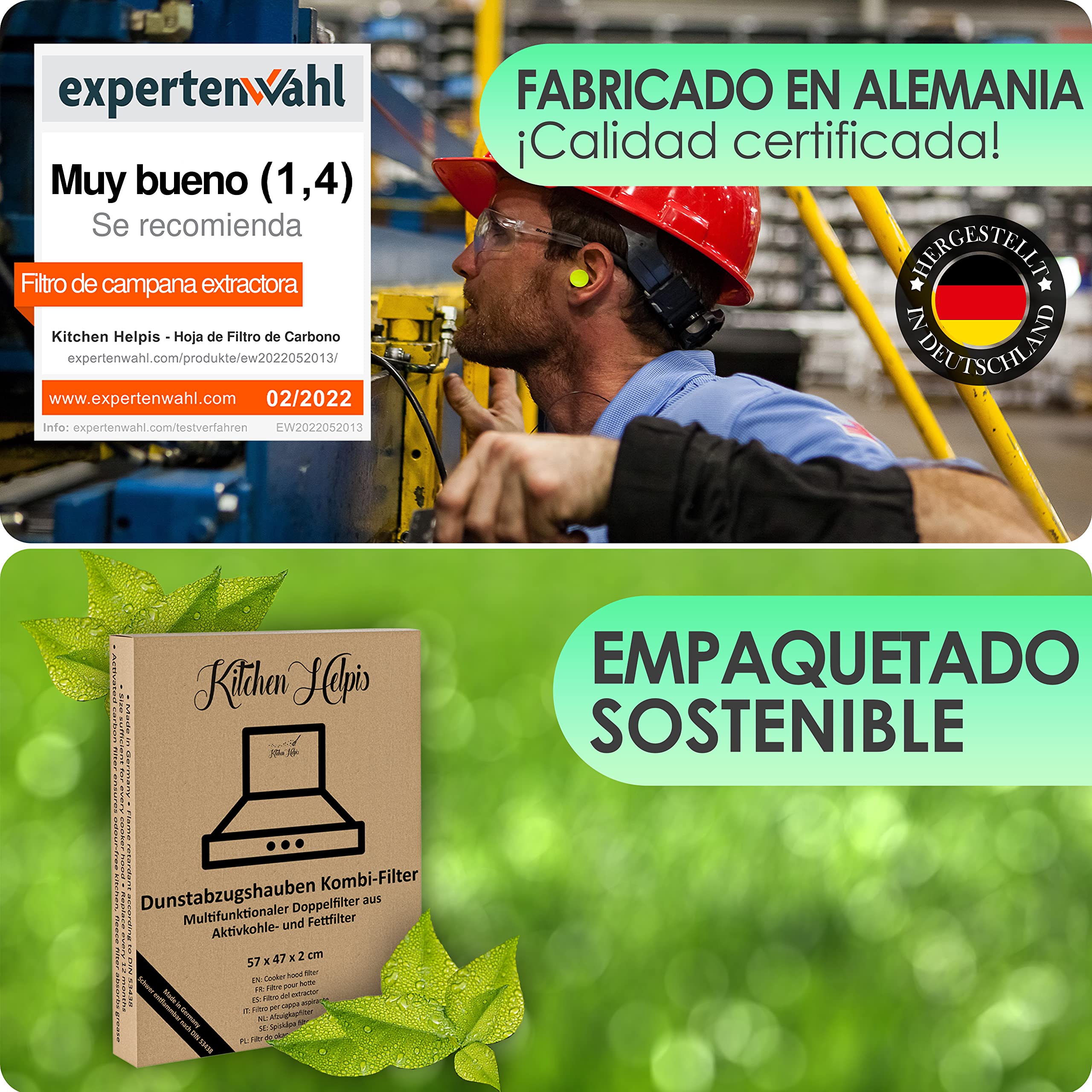 2 Filtros de Campana Extractoras combinados – Filtros Dobles de Carbón activo y Grasa 57x47cm, Filtro se puede cortar a medida, Universales para todas las Campanas Extractoras estándar