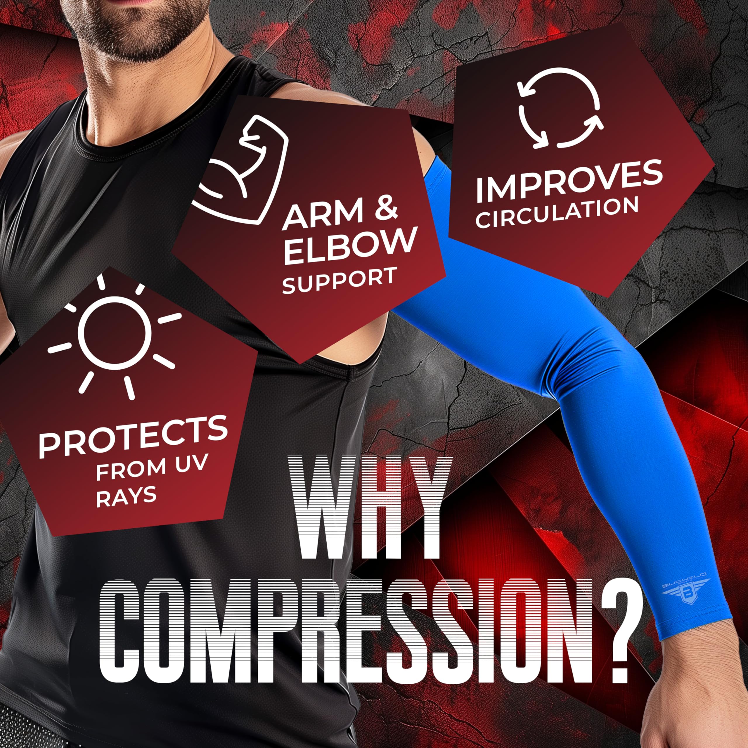 1 par bucwild Protección Solar de refrigeración de deportes Compresión Arm Sleeves – Jóvenes y Adultos tamaños – Béisbol Baloncesto Golf Tenis Running – 8 colores