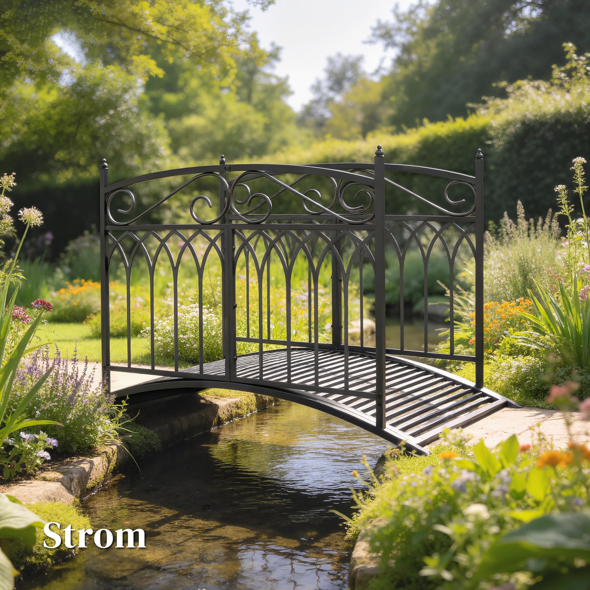 Outsunny Gartenbrücke aus Metall 135,5 cm Teichbrücke mit Sicherheitsgeländern Antik-Optik Rostbeständig Stabil Metallbrücke dekorative Zierbrücke Brücke für Bach Teich einfache Montage