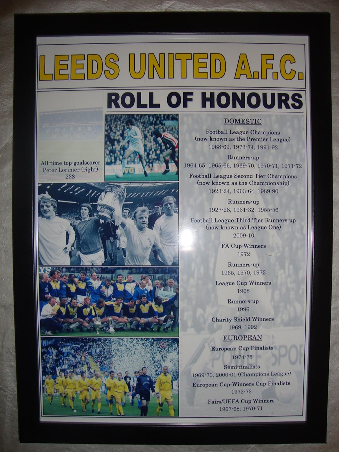 Lilywhite Multimedia Leeds United club history roll of honours - framed print