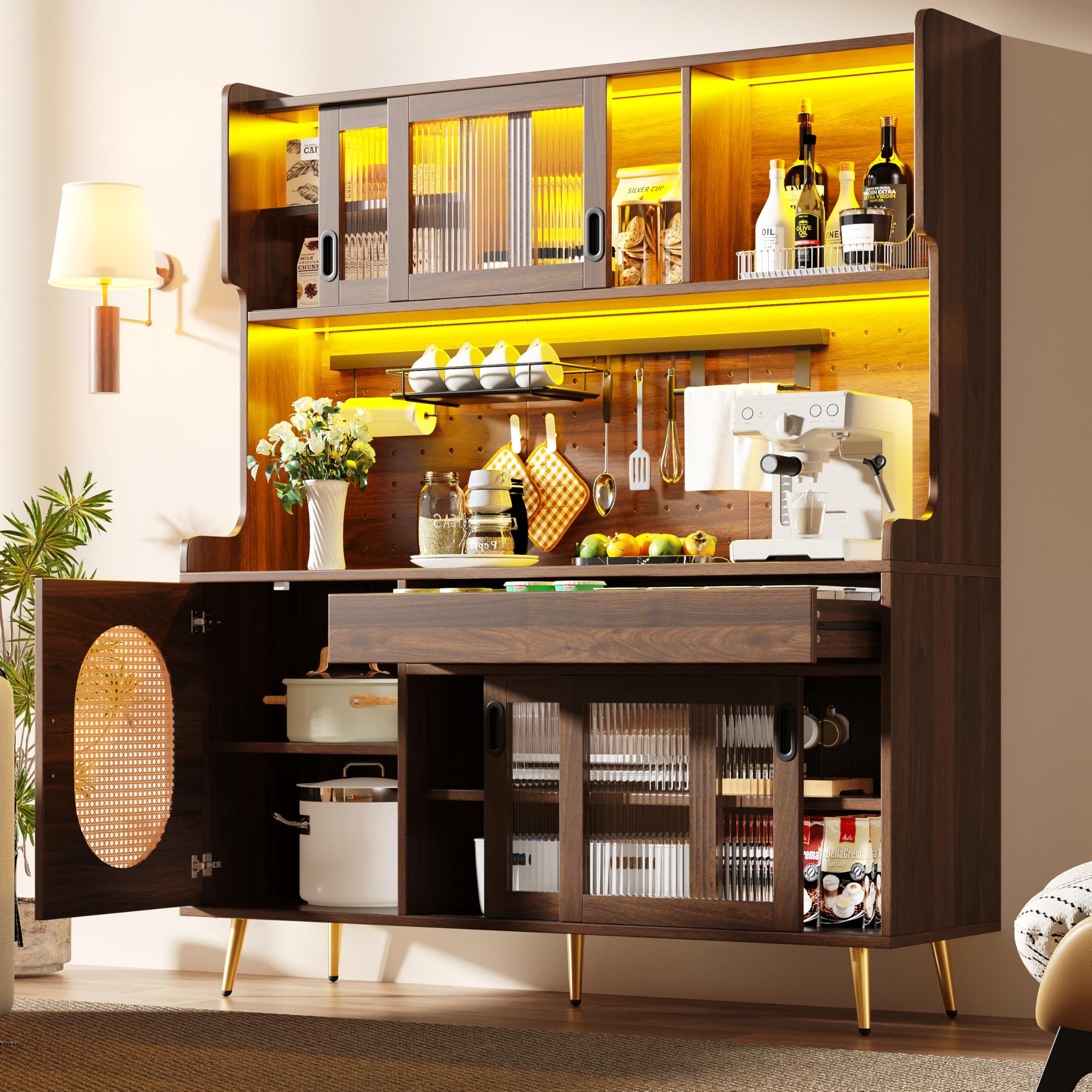 Armadio da cucina con LED e porta in vetro, stile rustico, credenza per cucina con piani di lavoro, porta scorrevole, grandi cassetti, ante in rattan, parete forata, armadio alto, 145 x 39 x 171 cm