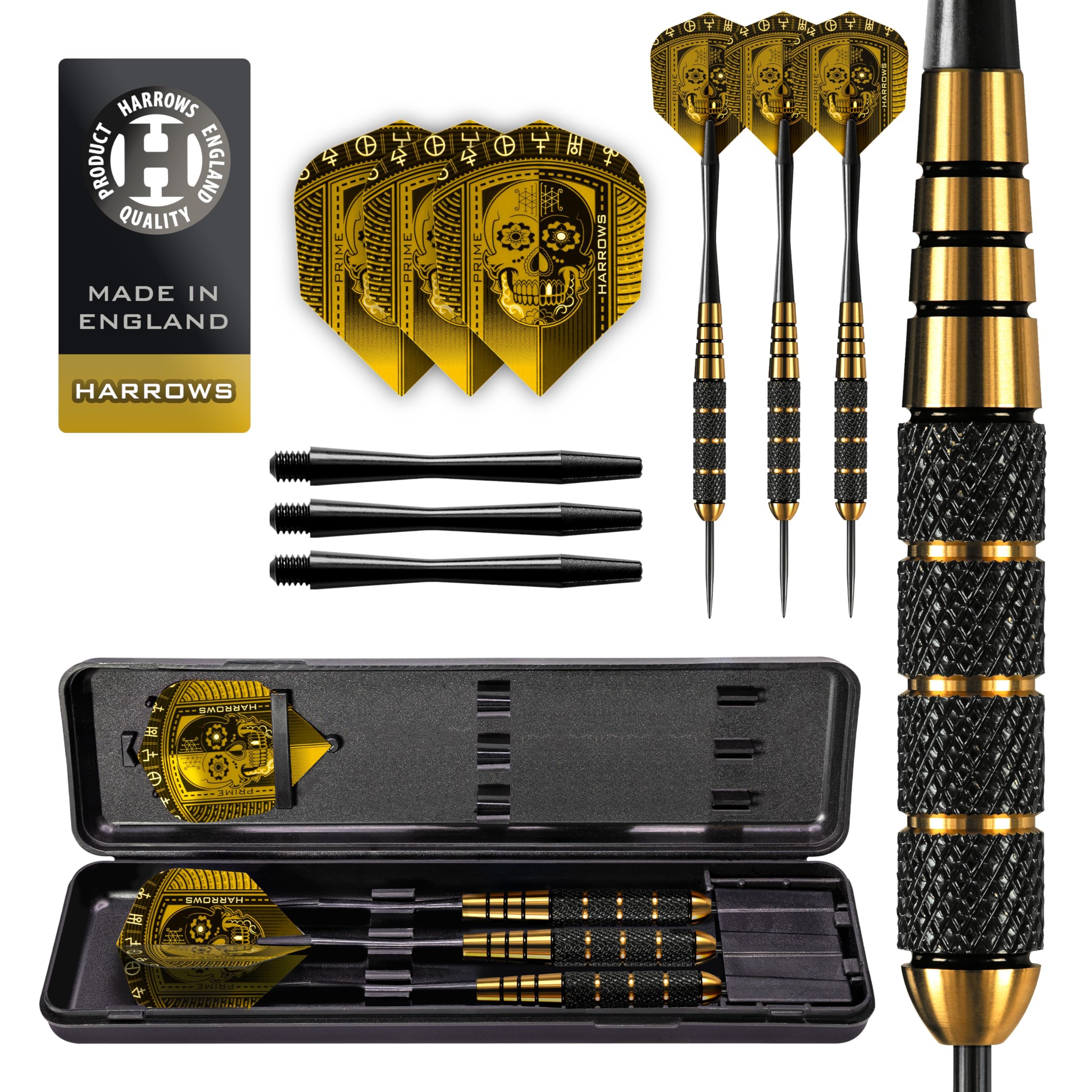 Harrows Voodoo Brass Steel Tip Darts Set 19g, 21g, 23g, 25g & 27g - Professional Darts Set - Includes Speedline shafts, Marathon Gold Flights & Travel Case