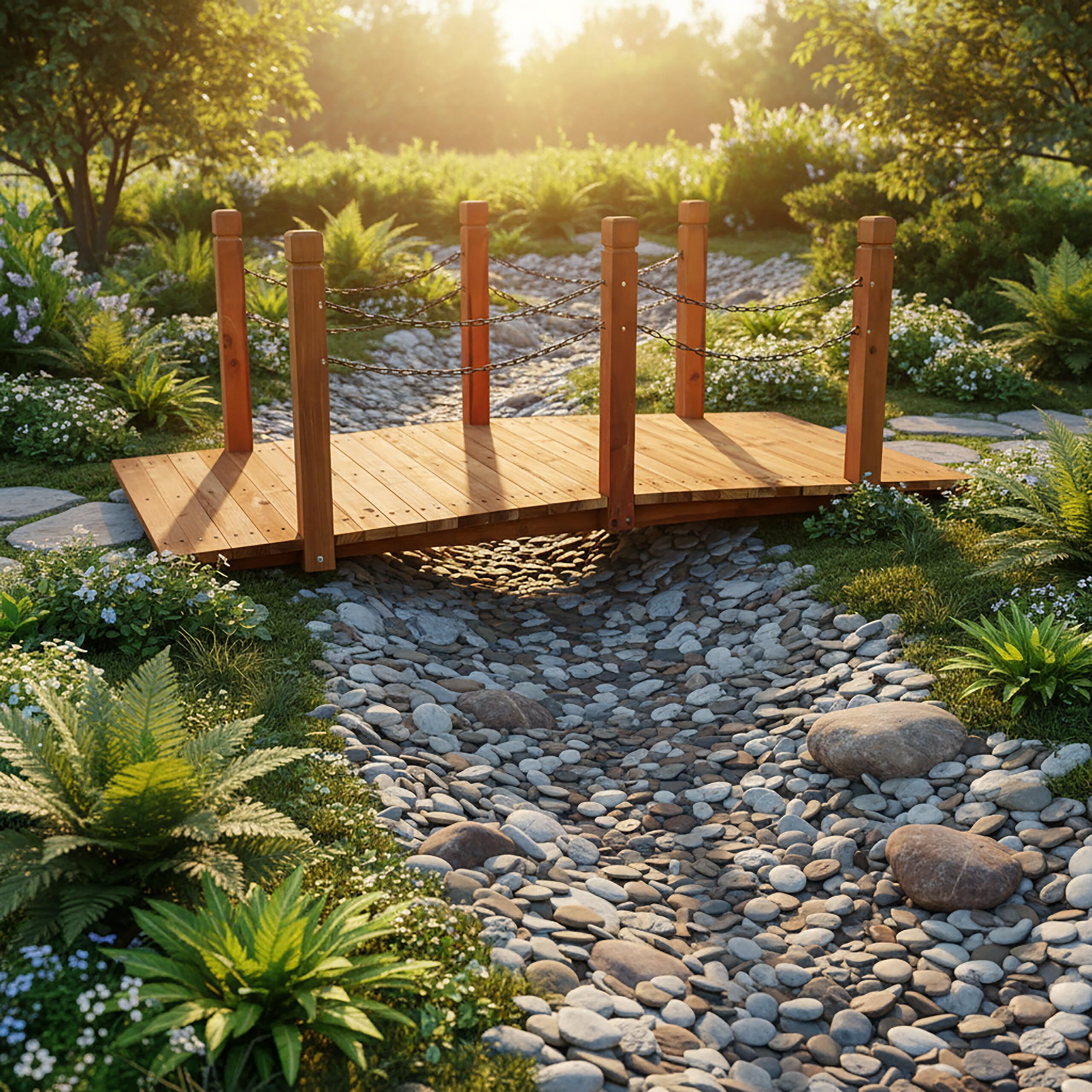 Relaxdays Pont de Jardin, Sapin, poteaux avec chaînes, HxLxP 55 x 150 x 67 cm, Orange, Pont en Bois pour Bassin