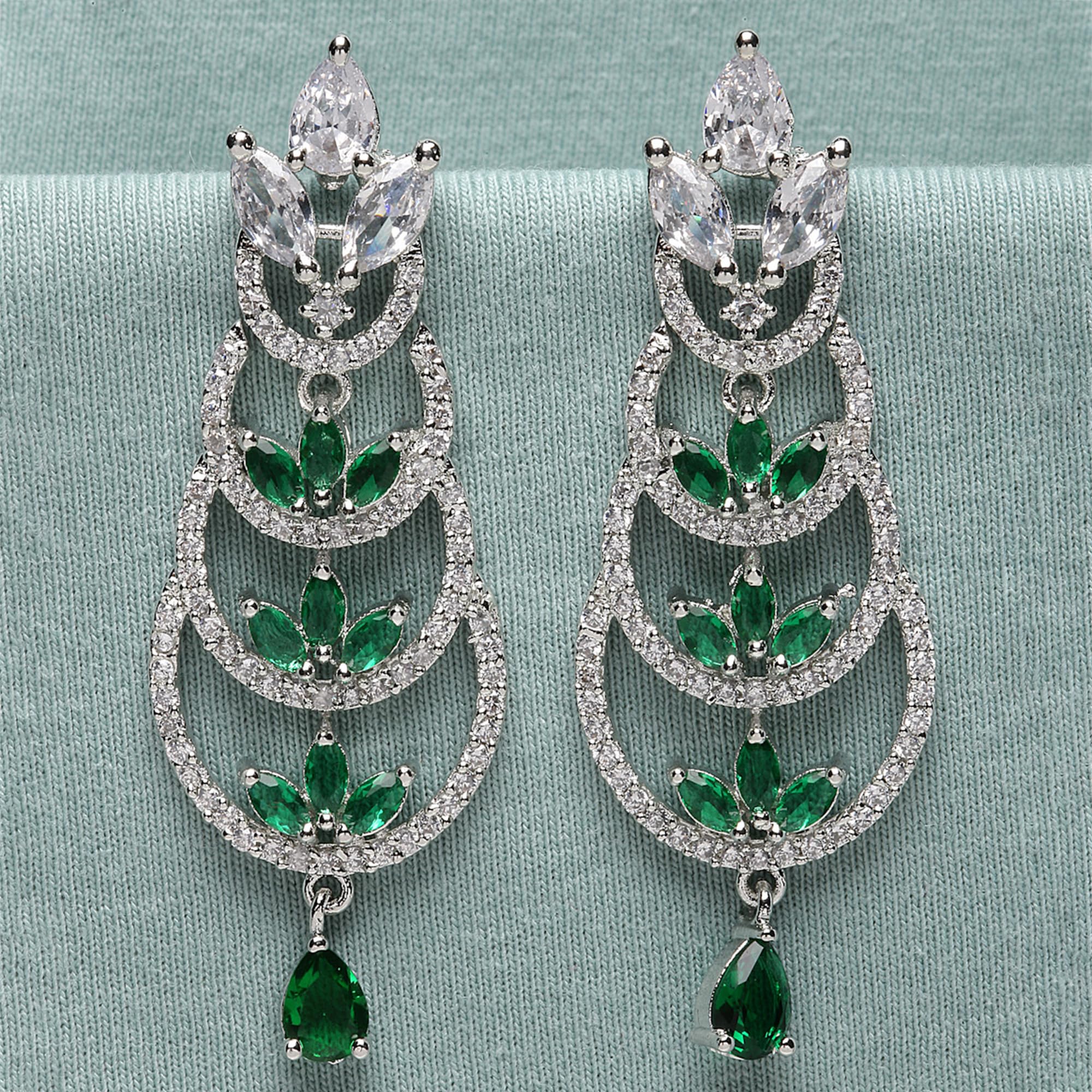 Rhodium-Plated Crescent Drop Earrings with AD