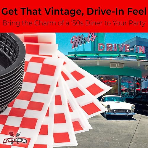 Miniatura 3 de Combo de cesta de comida rápida negra de estilo retro (12 unidades) y forro rojo a cuadros (120 unidades). La cesta clásica de 11 pulgadas es apta